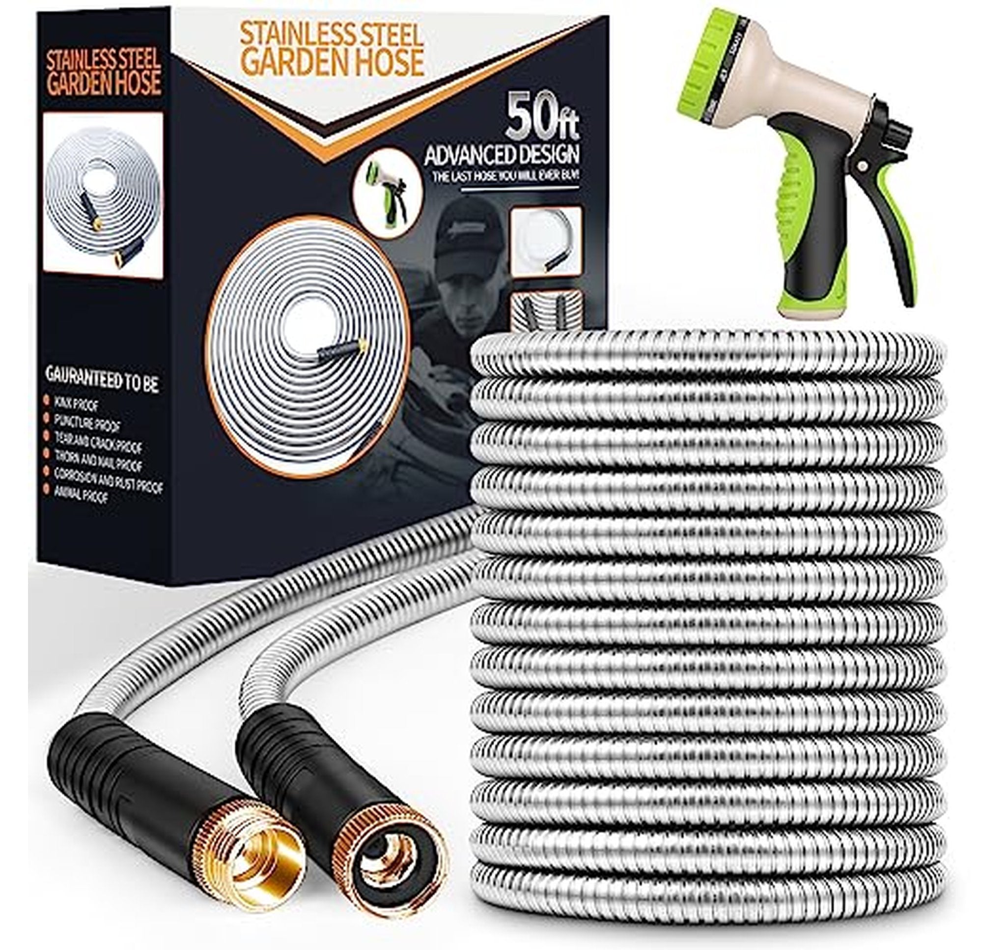 50 ft Stainless Steel No-Kink Garden Hose with Nozzle