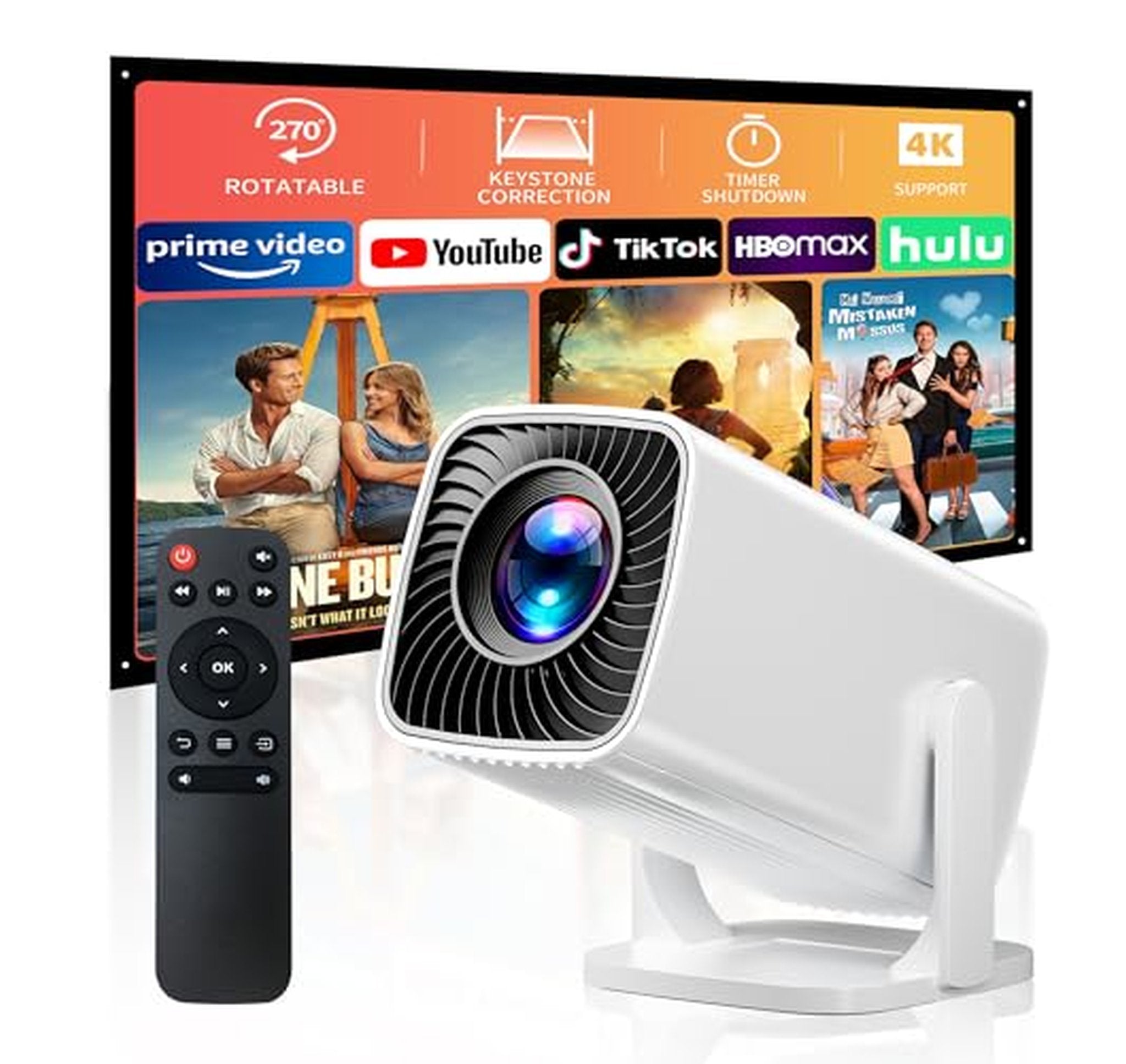 4K Short Throw Mini Projector with Rotating Stand