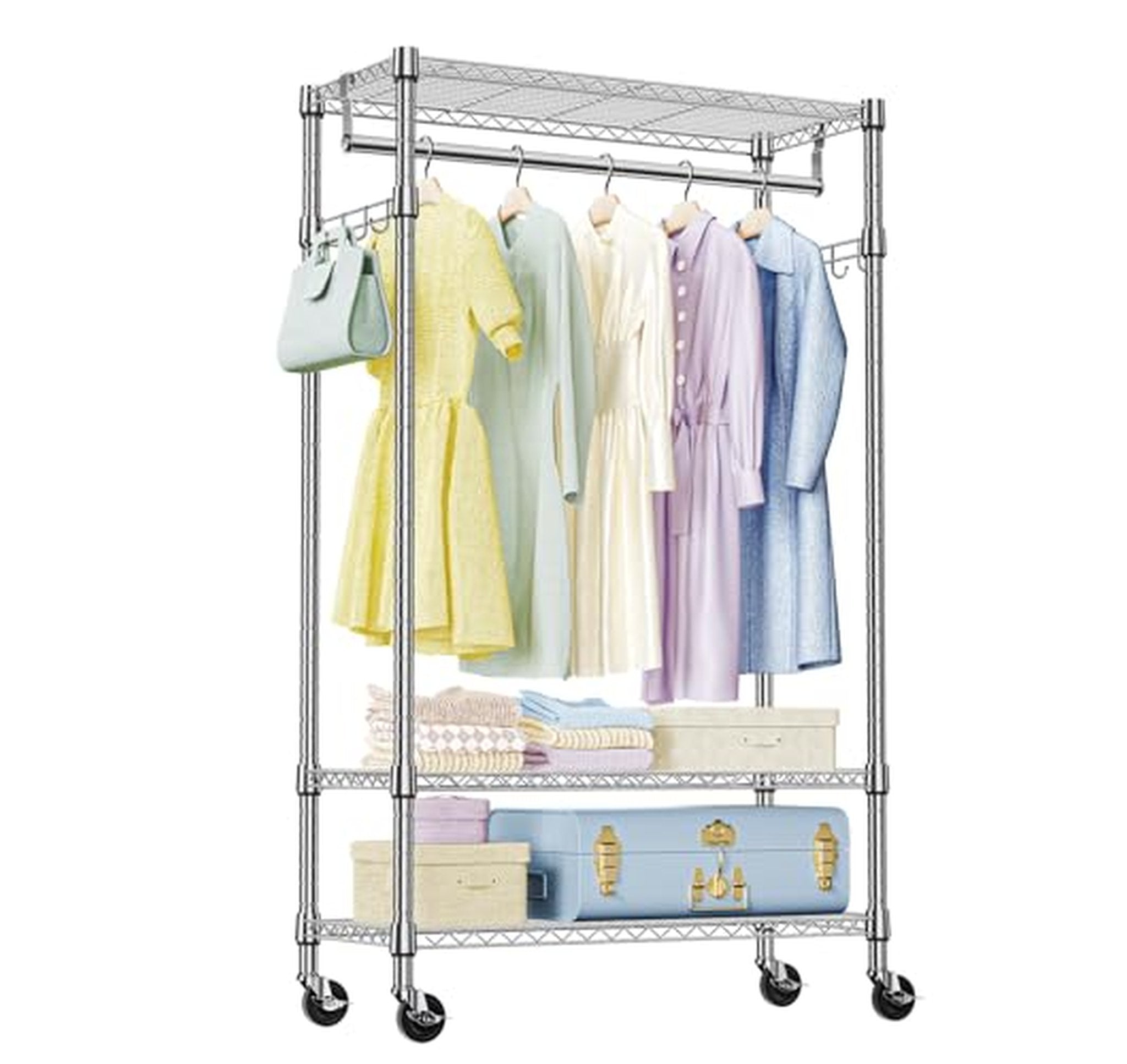 Heavy Duty Rolling Garment Rack with Shelves