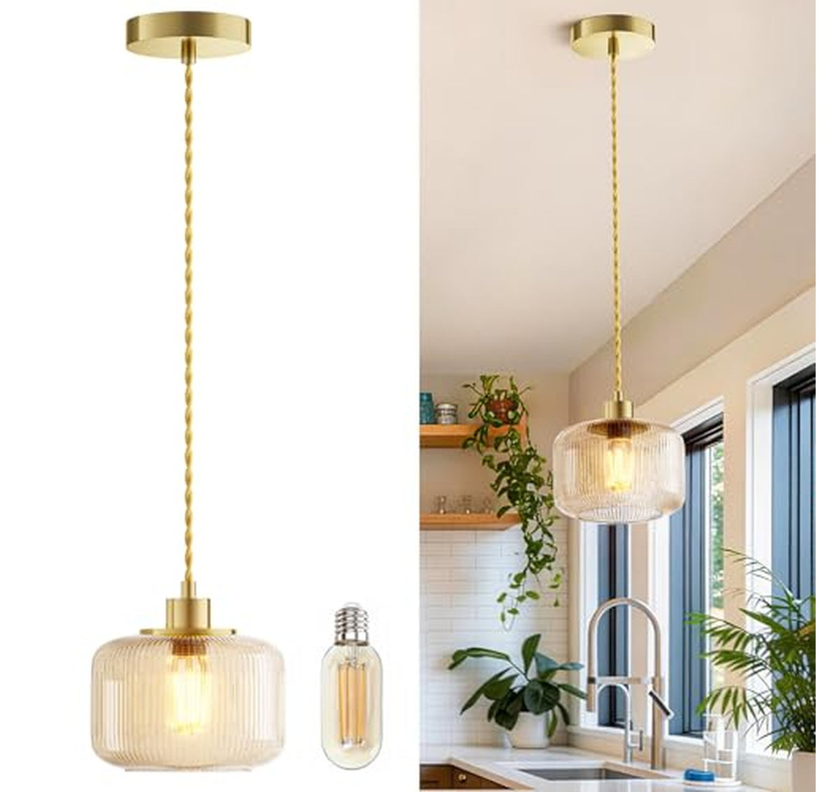 Vintage Amber Glass Pendant Light Fixture