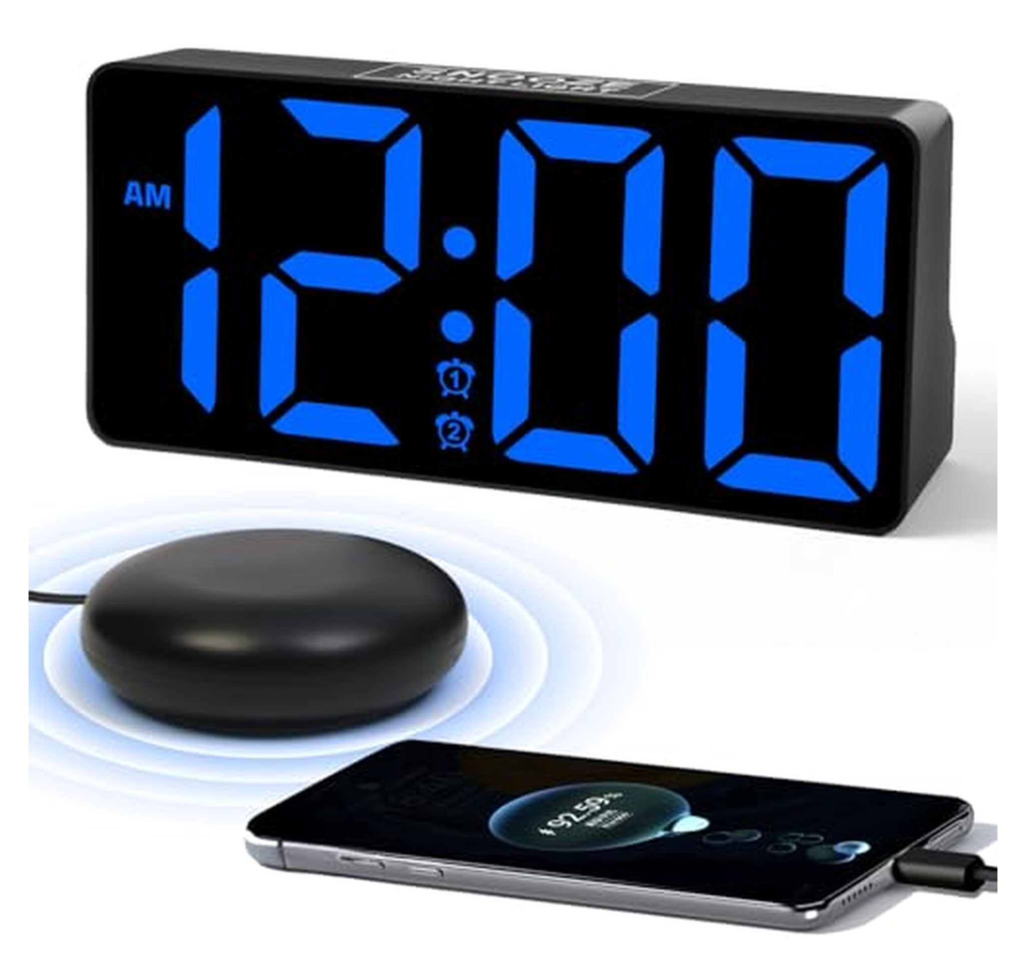 Vibrating Dual Alarm Clock with Bed Shaker and USB