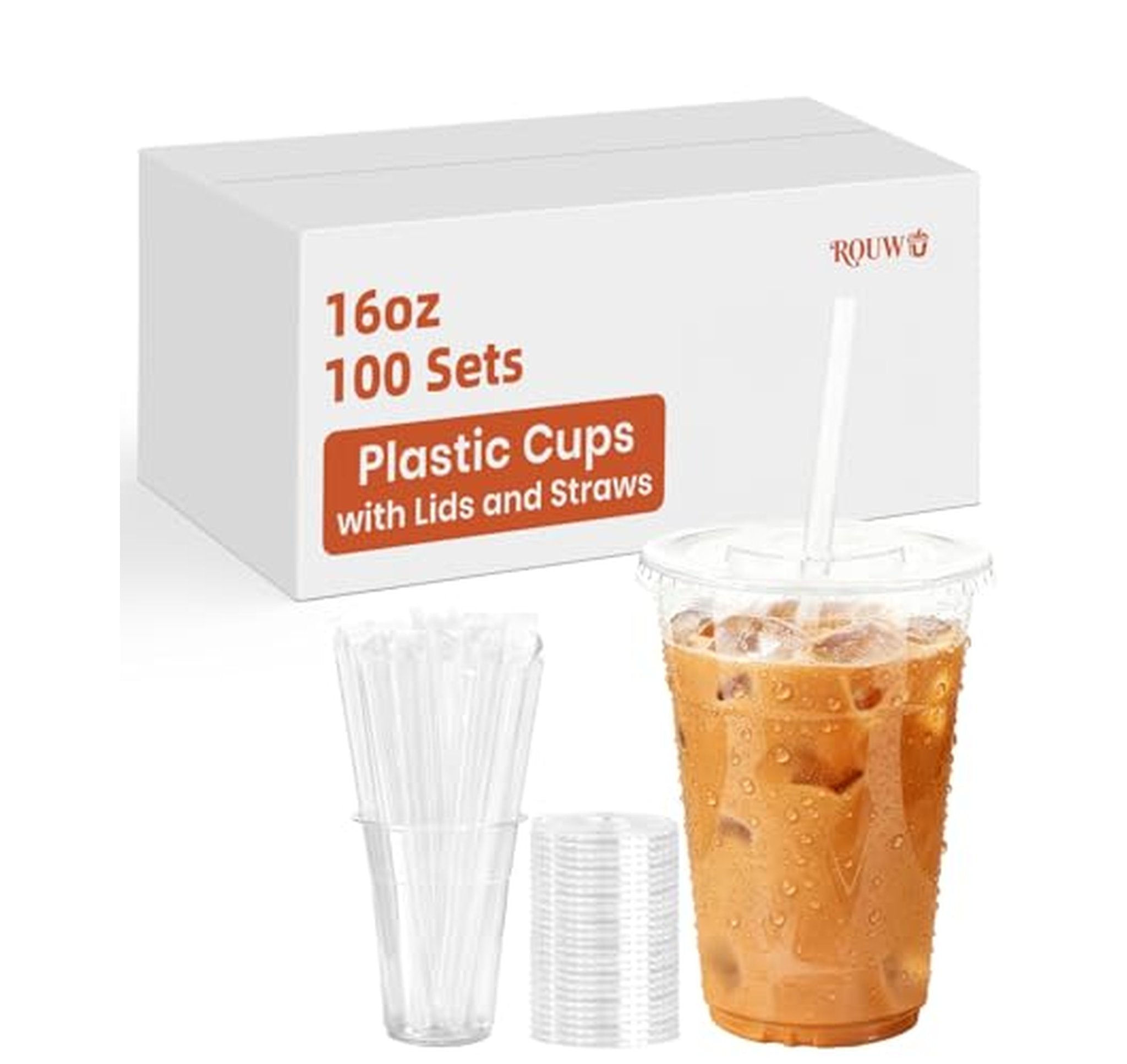 100 Pack 16 oz Plastic Cups with Lids and Straws