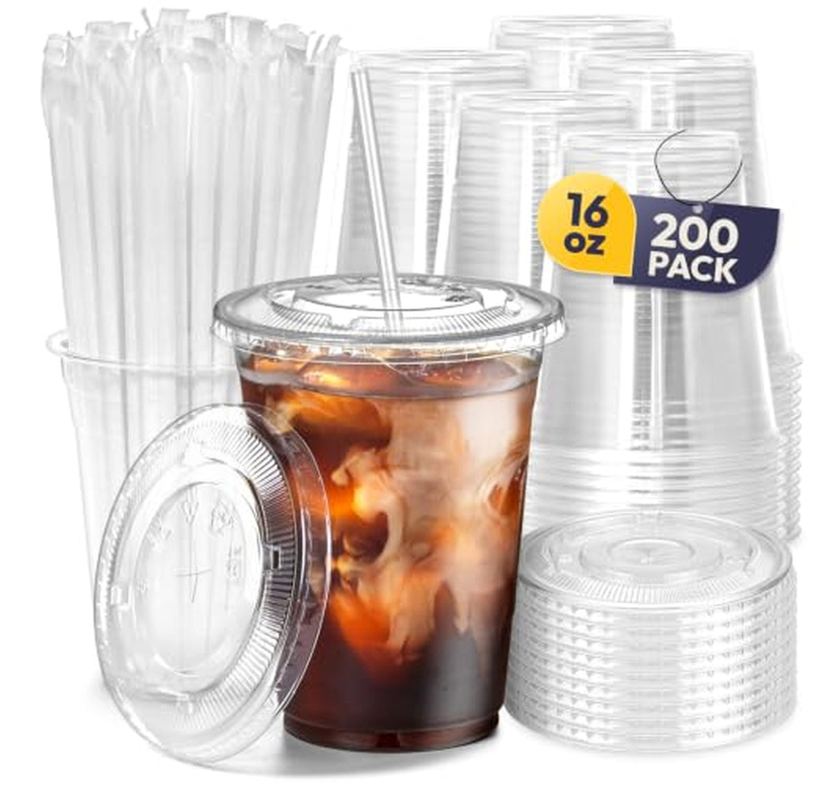 200 Pack 16 oz Plastic Iced Coffee Cups with Lids