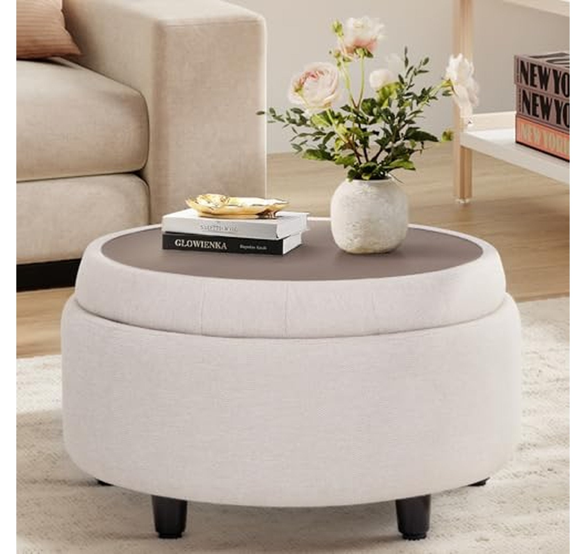 Round Storage Ottoman with Reversible Tray Lid
