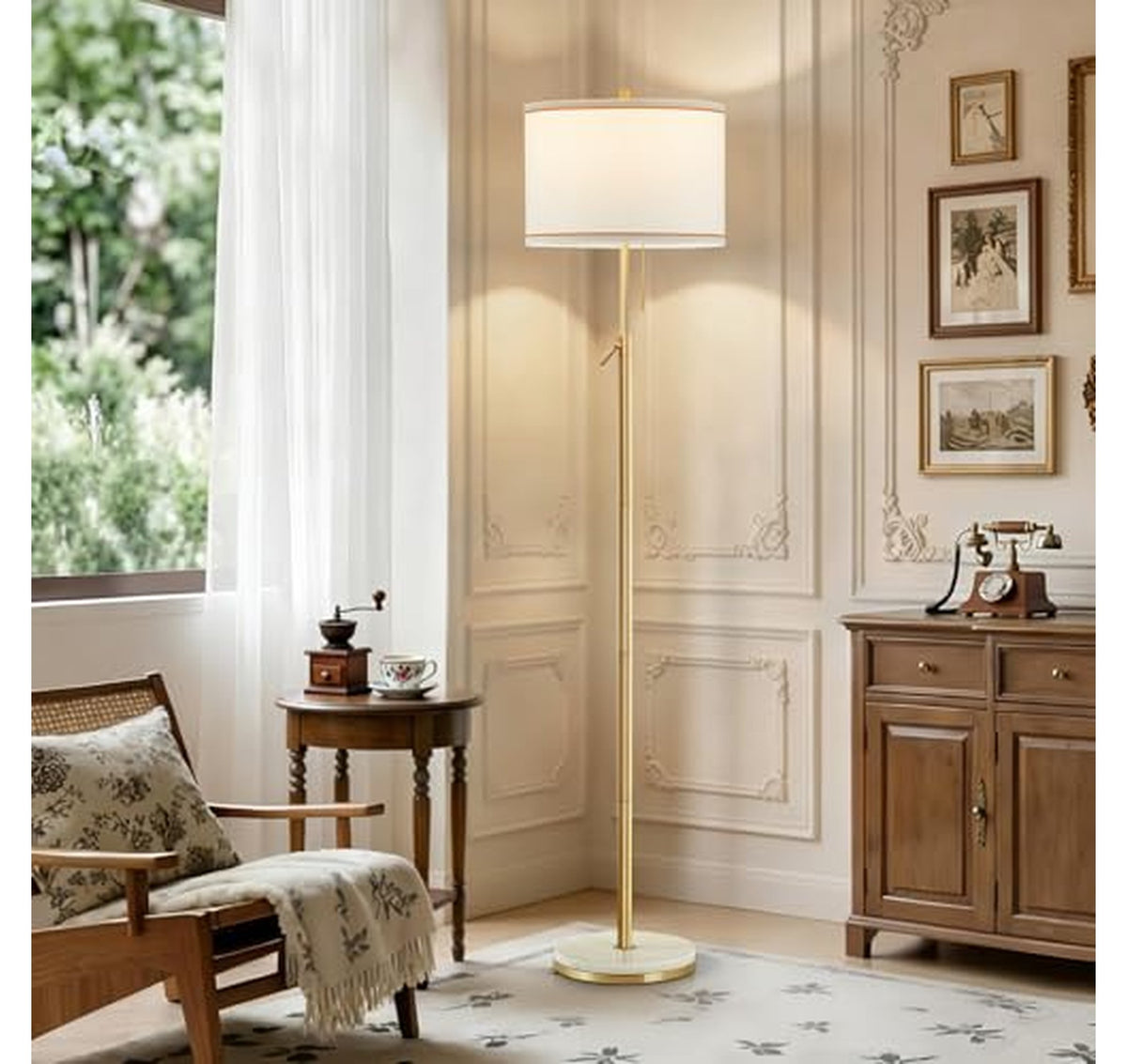Adjustable Marble Base Floor Lamp with Fabric Shade