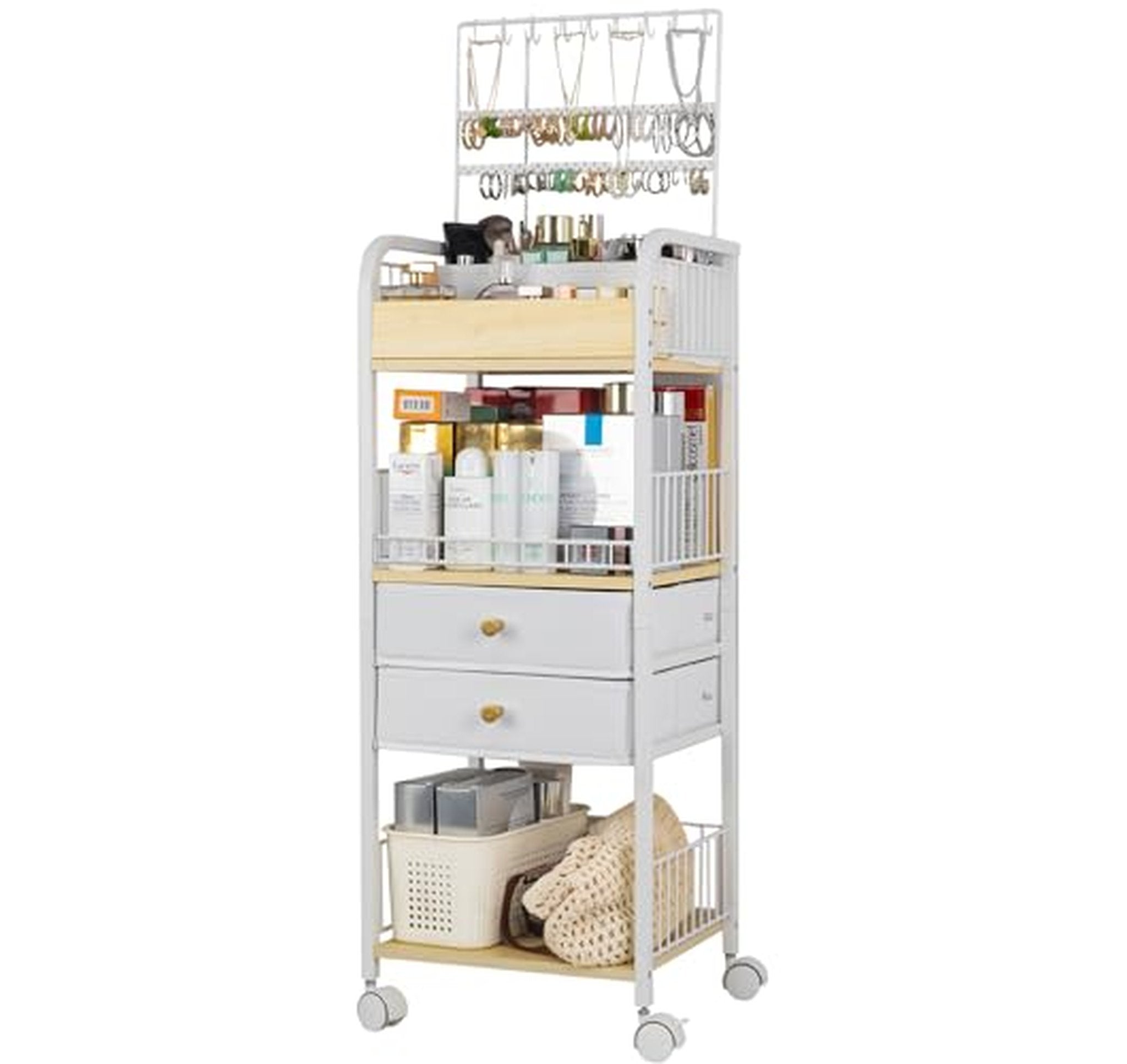 Rotating Floor Makeup Organizer with Drawers and Jewelry Storage