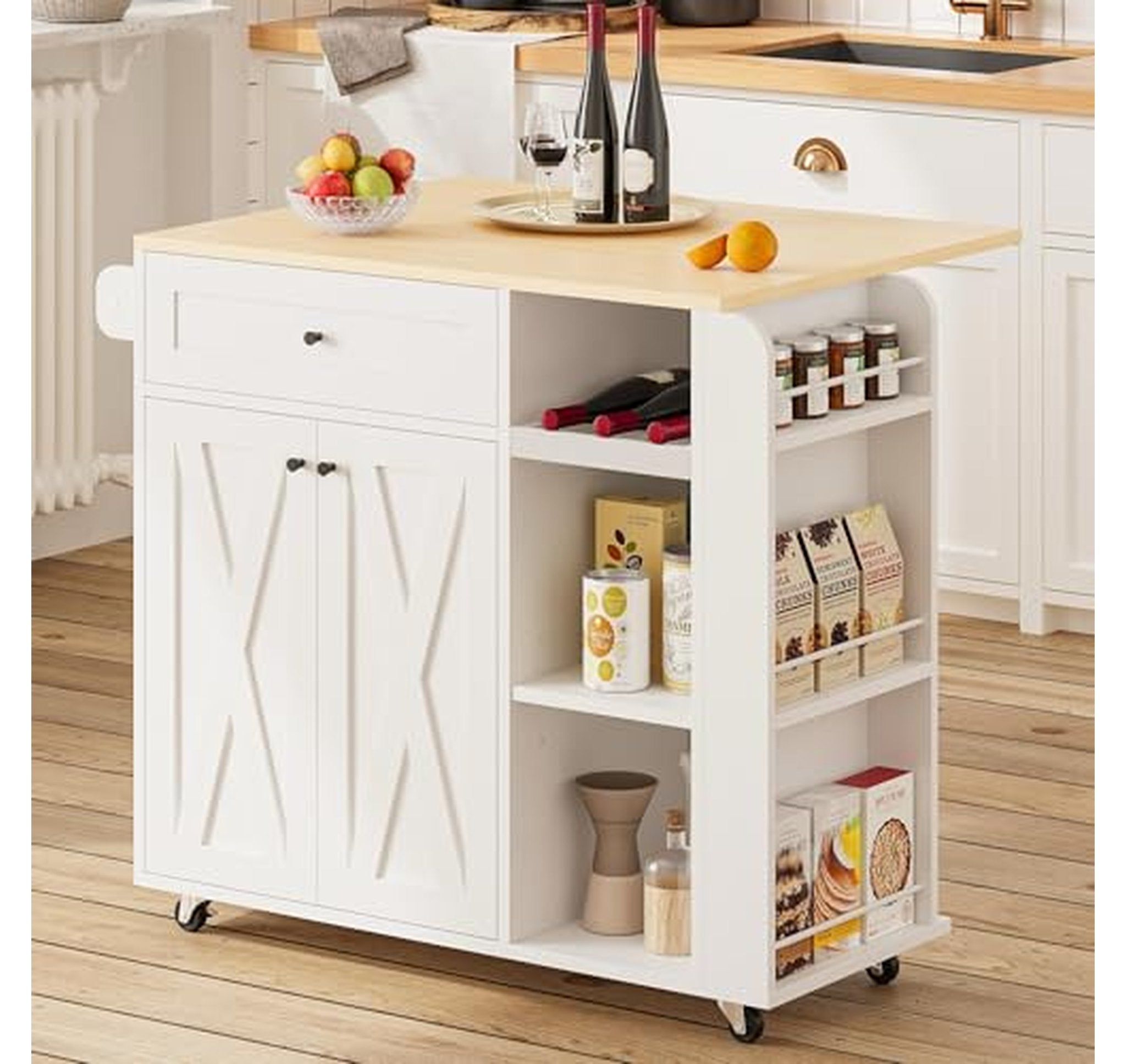 Rolling Kitchen Island Cart with Storage and Wine Rack