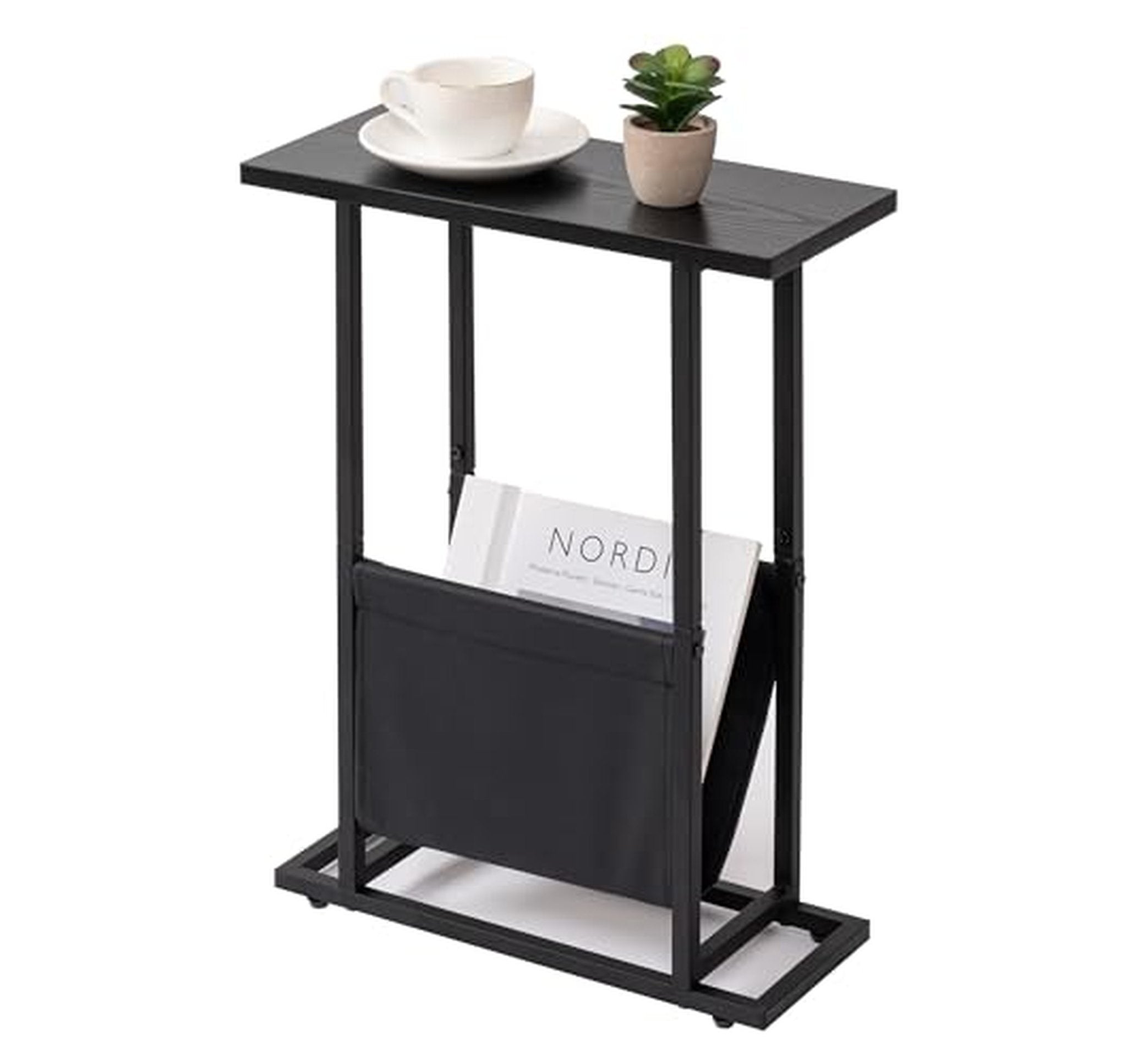 Narrow Metal Side Table with Storage Pocket