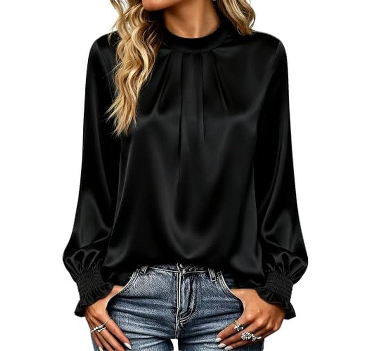 Mock Neck Long Sleeve Satin Blouse Top (12 Colors)