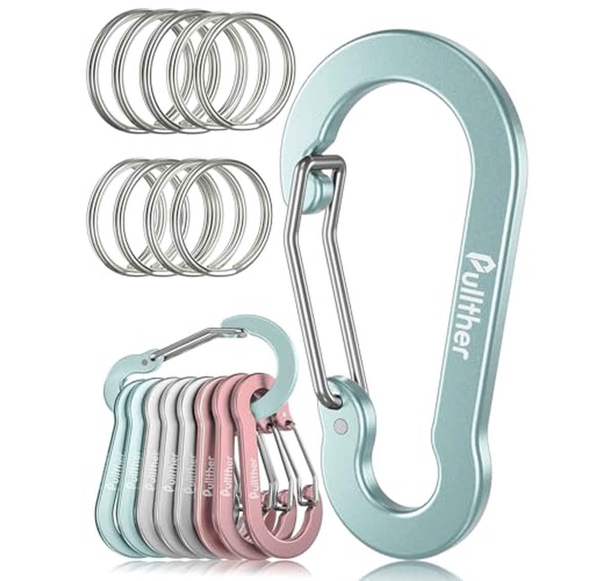 9 Pack Aluminum Carabiner Clips with Key Rings