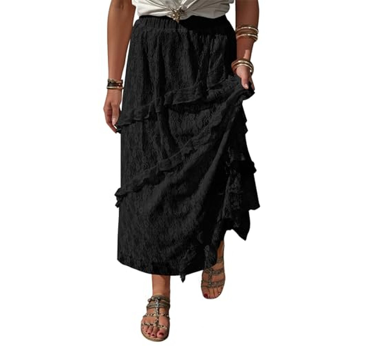Boho Lace Ruffle High Waist Maxi Skirt