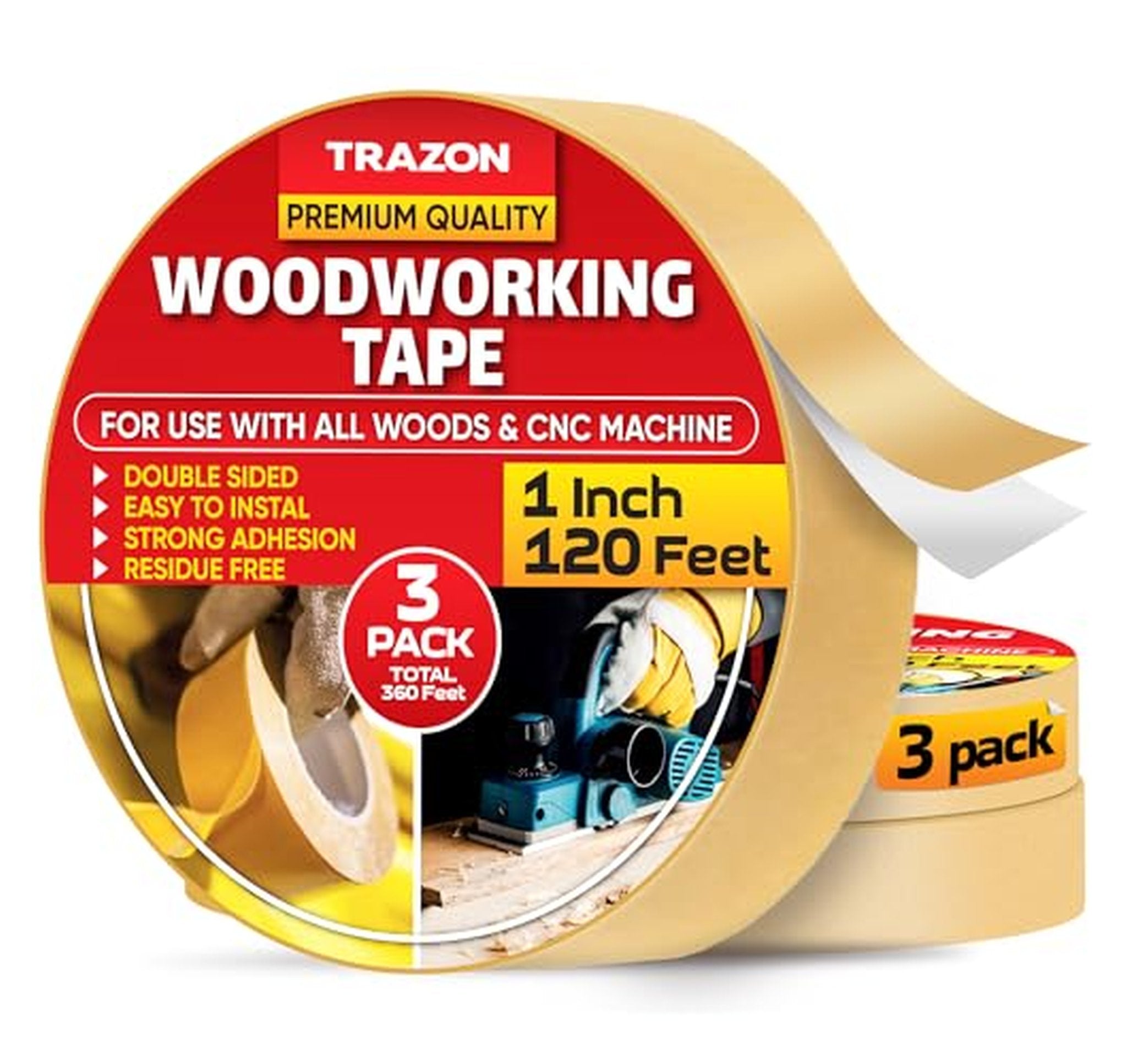 3 Pack Double Sided Woodworking Tape, 1 Inch x 120 Feet