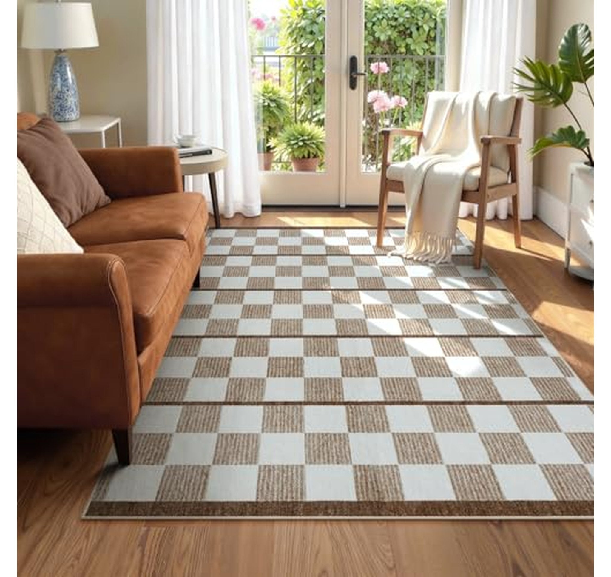 Low Pile Washable Checkered Area Rug 5x7