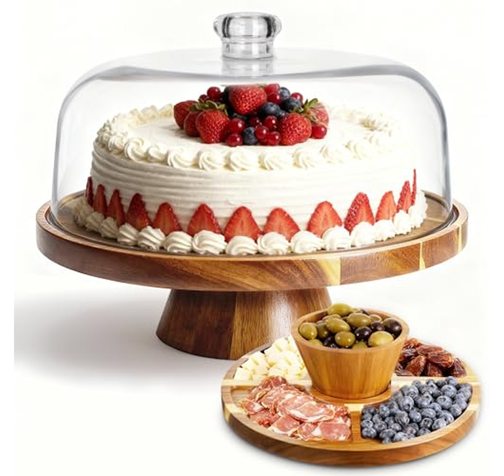 12-Inch Acacia Wood Cake Stand with Dome Lid