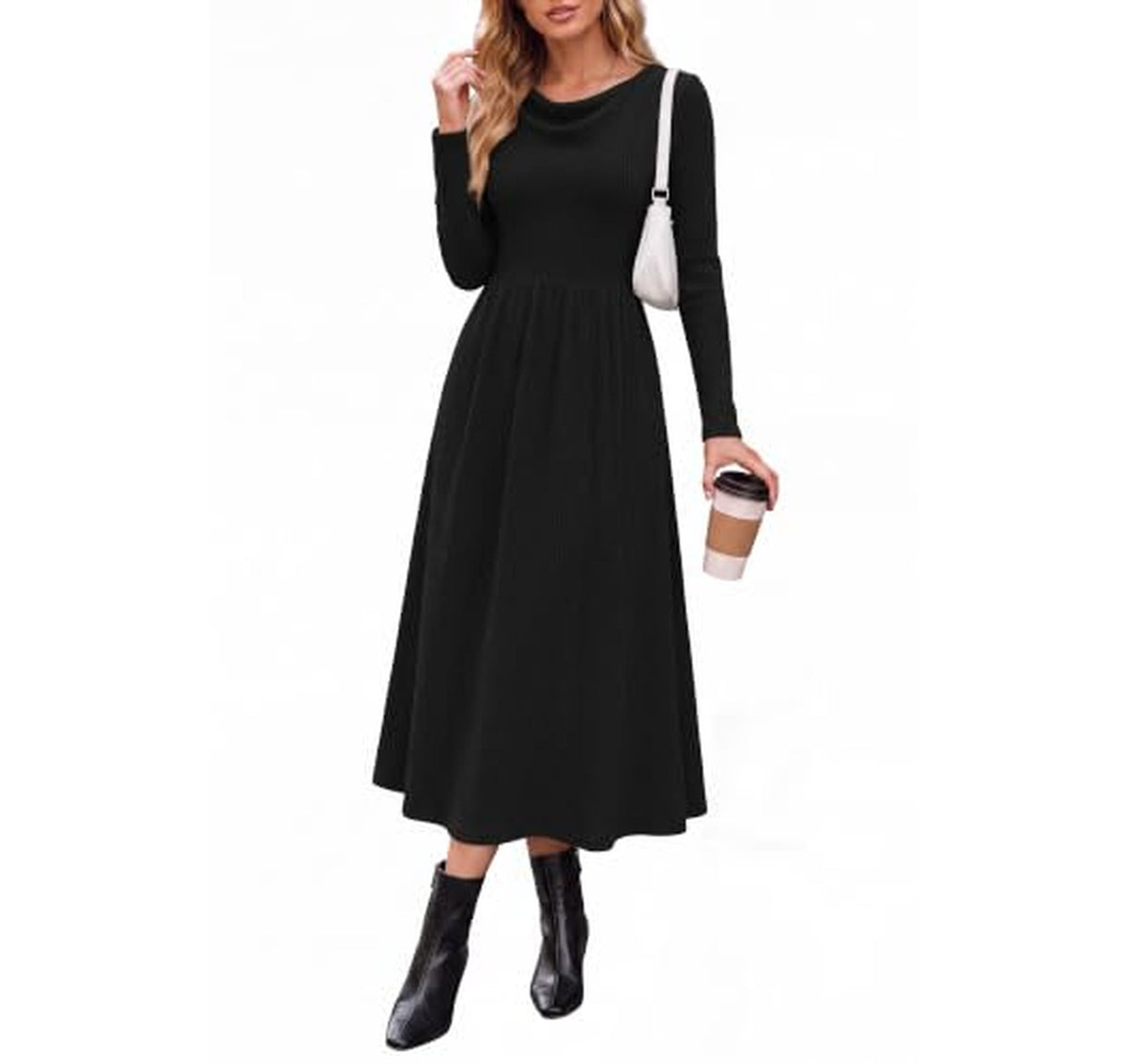 Cowl Neck Long Sleeve Midi Dress