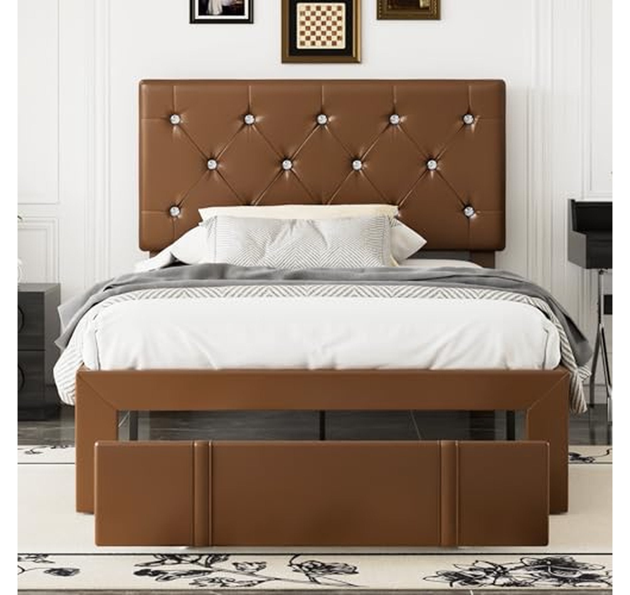 Twin Upholstered Bed Frame with Storage Drawers