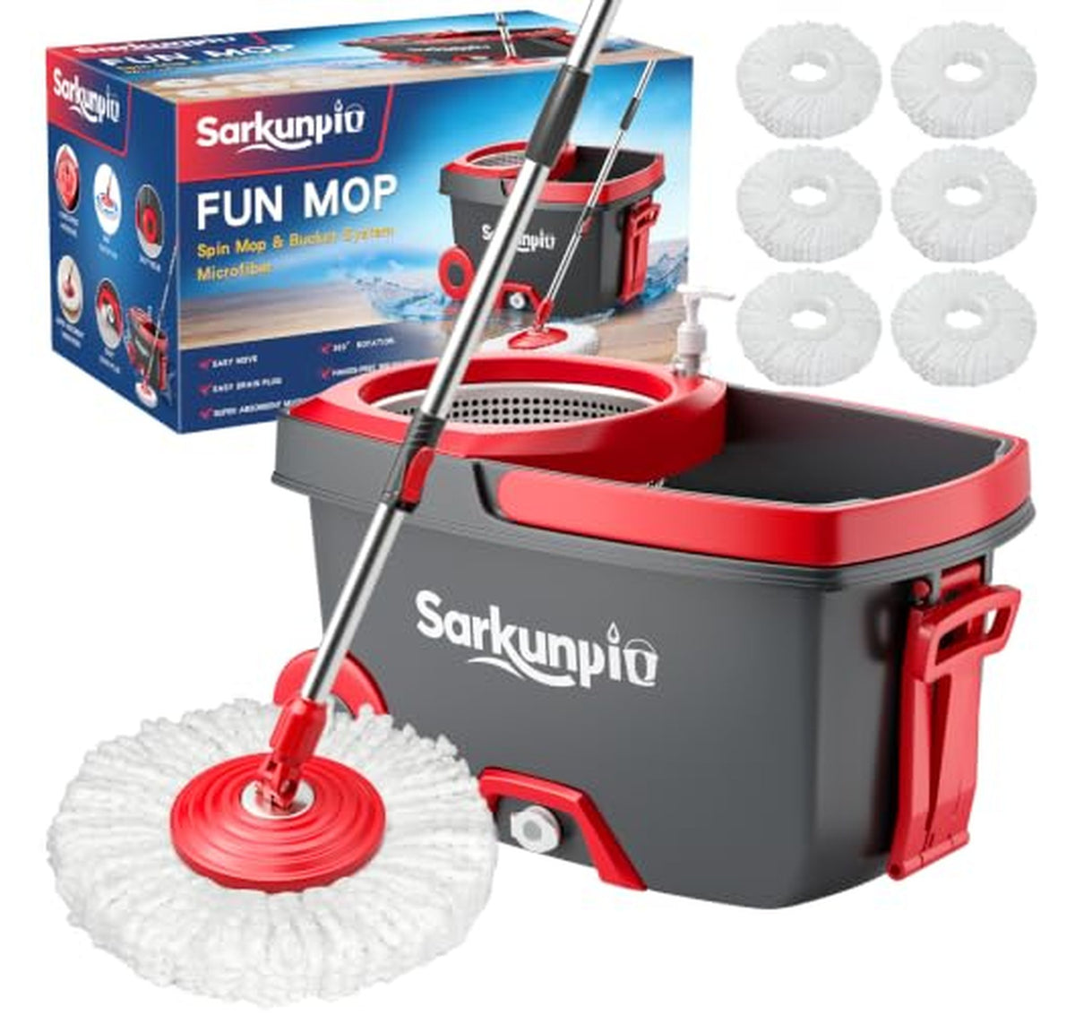 Spin Mop and Bucket Set with 6 Microfiber Heads
