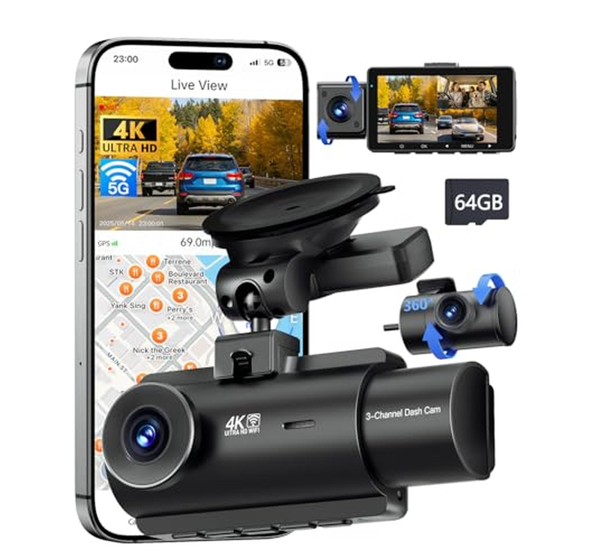 4K 3-Channel WiFi GPS Dash Cam with Card