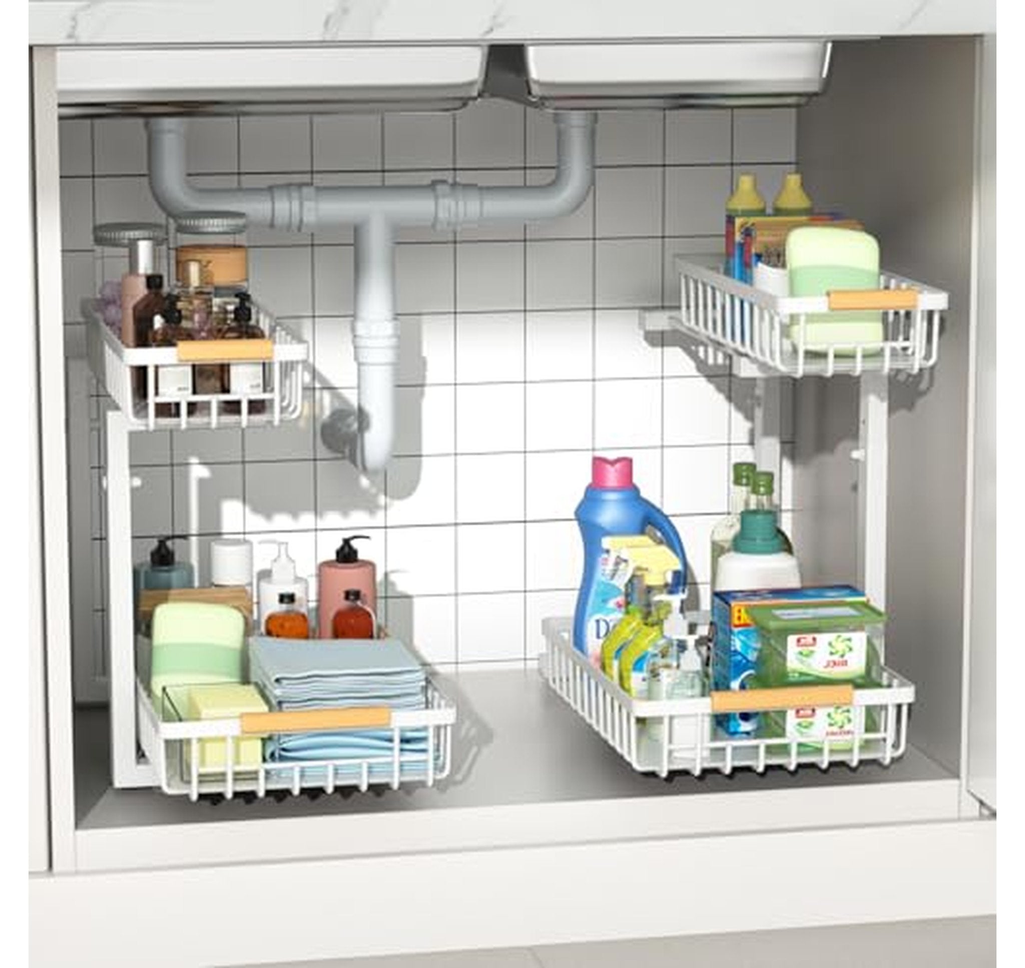 2 Pack Adjustable Under Sink Sliding Organizer Shelves