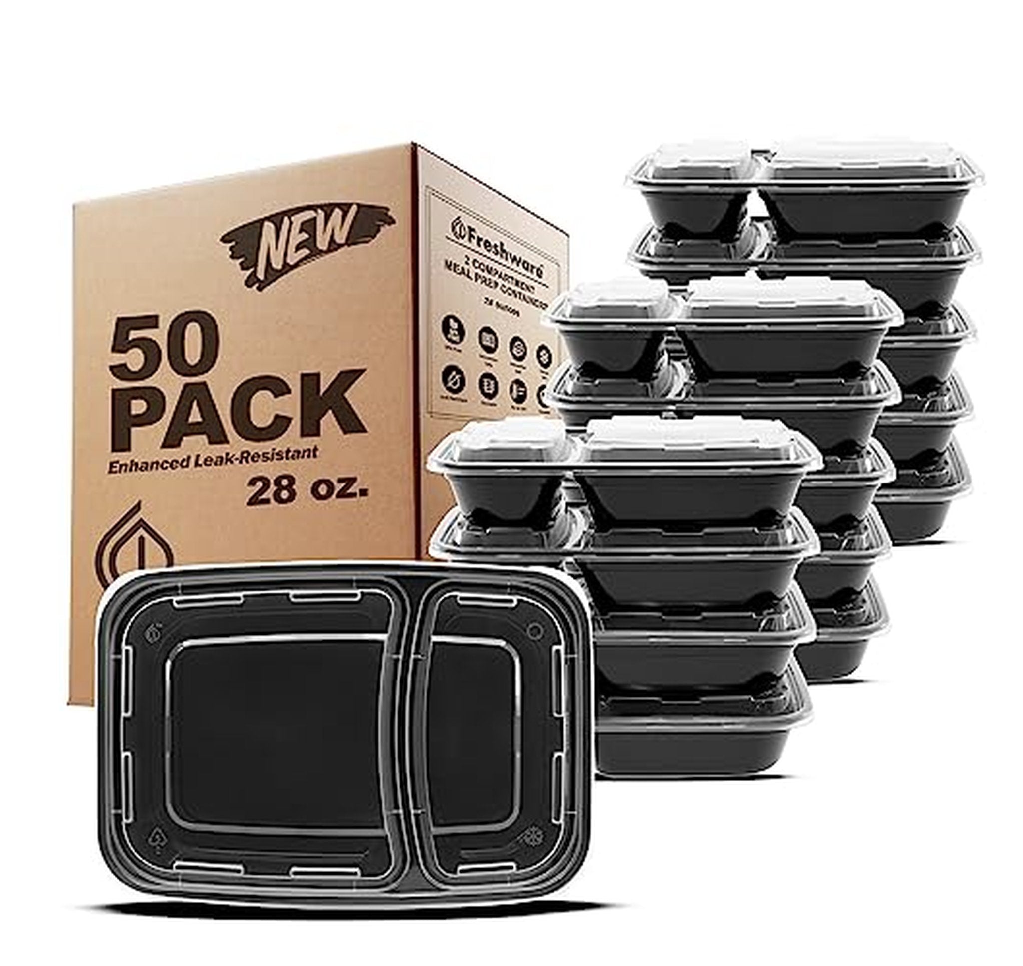 50 Pack Freshware 2-Compartment Meal Prep Containers