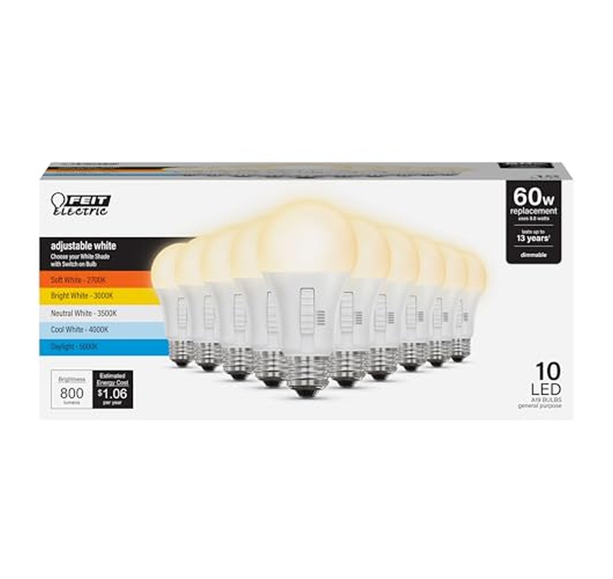 10 Pack Feit Electric Dimmable A19 LED Light Bulbs