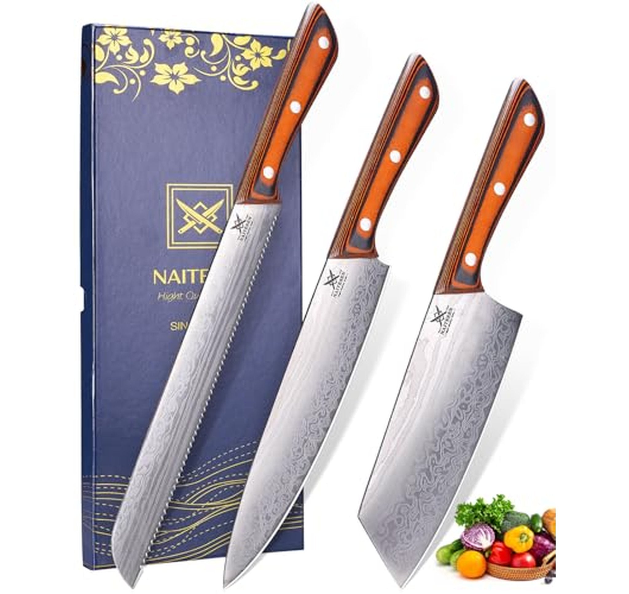 3 Piece Sharp Kitchen Knife Set with Bread Knife