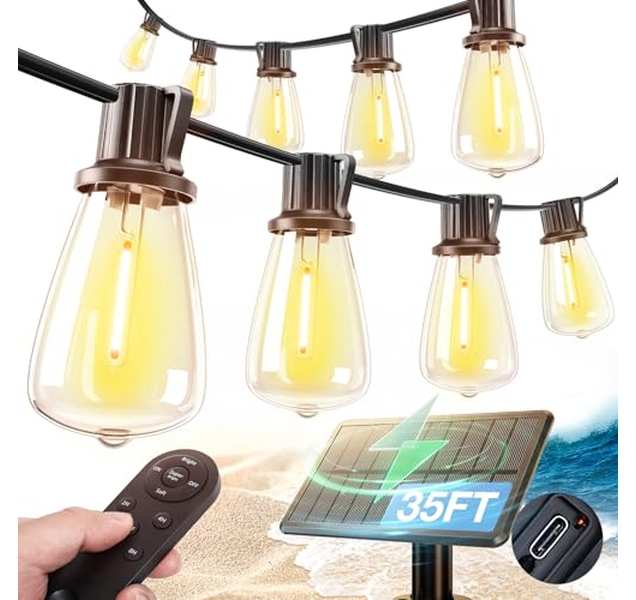 Solar Dimmable Outdoor String Lights with Remote