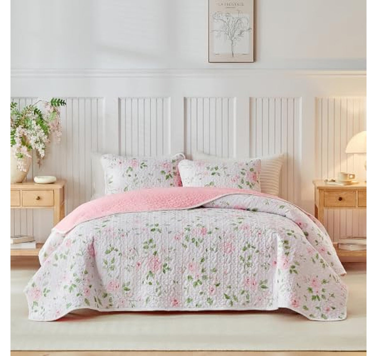 3 Piece Floral Quilt Set Queen Size Reversible