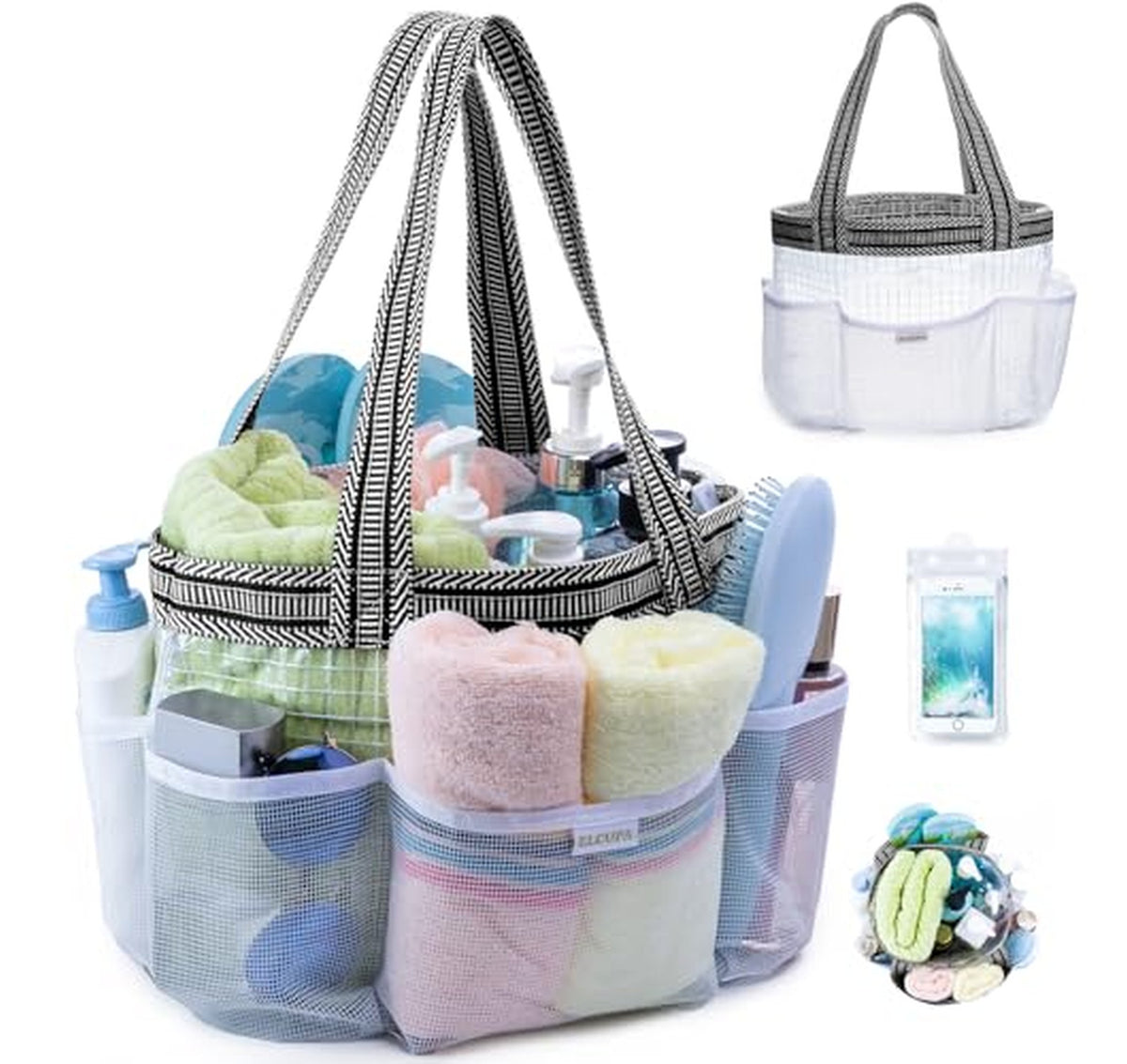 Mesh Shower Caddy Tote with Pockets and Phone Pouch