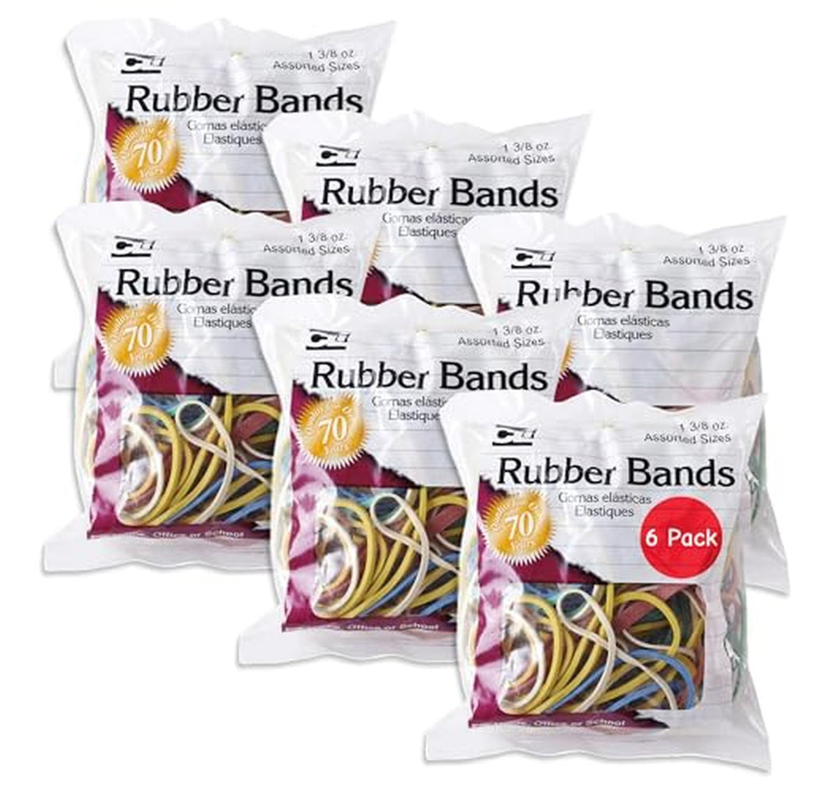 6 Pack Assorted Size Rubber Bands