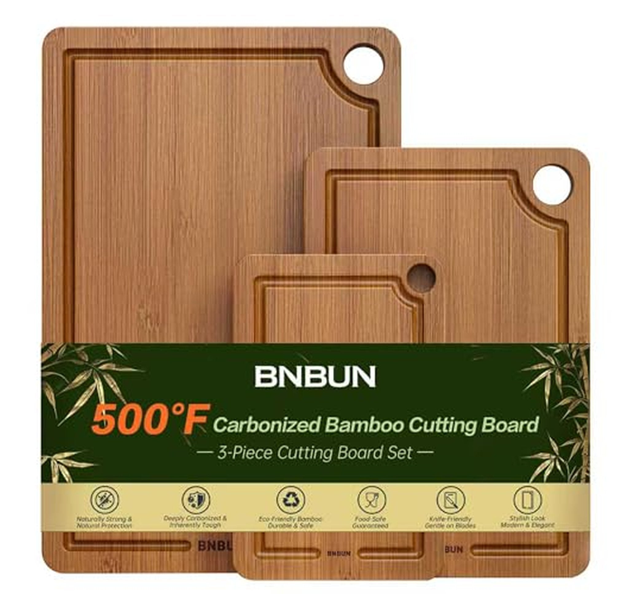 3 Piece Bamboo Cutting Board Set with Juice Grooves