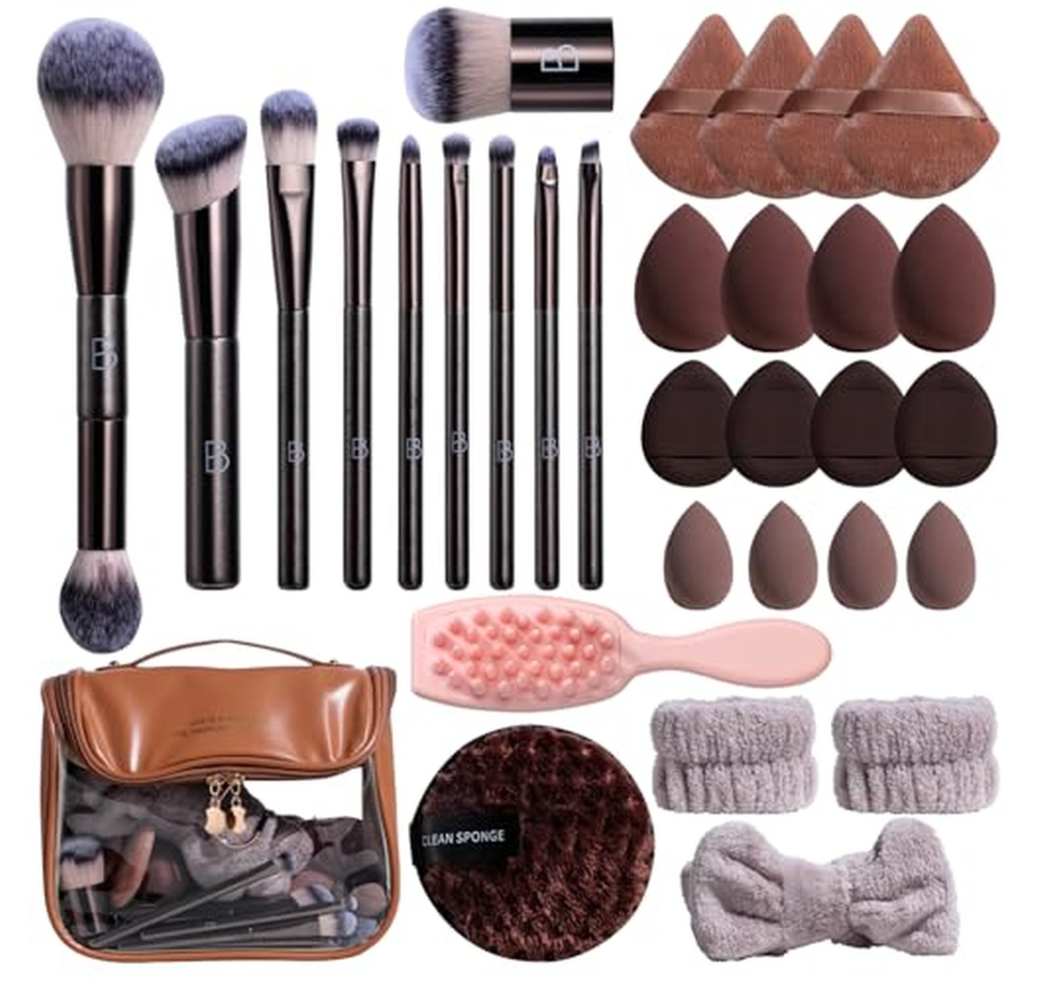 Makeup Brush Set with Sponge, Kabuki and Travel Bag