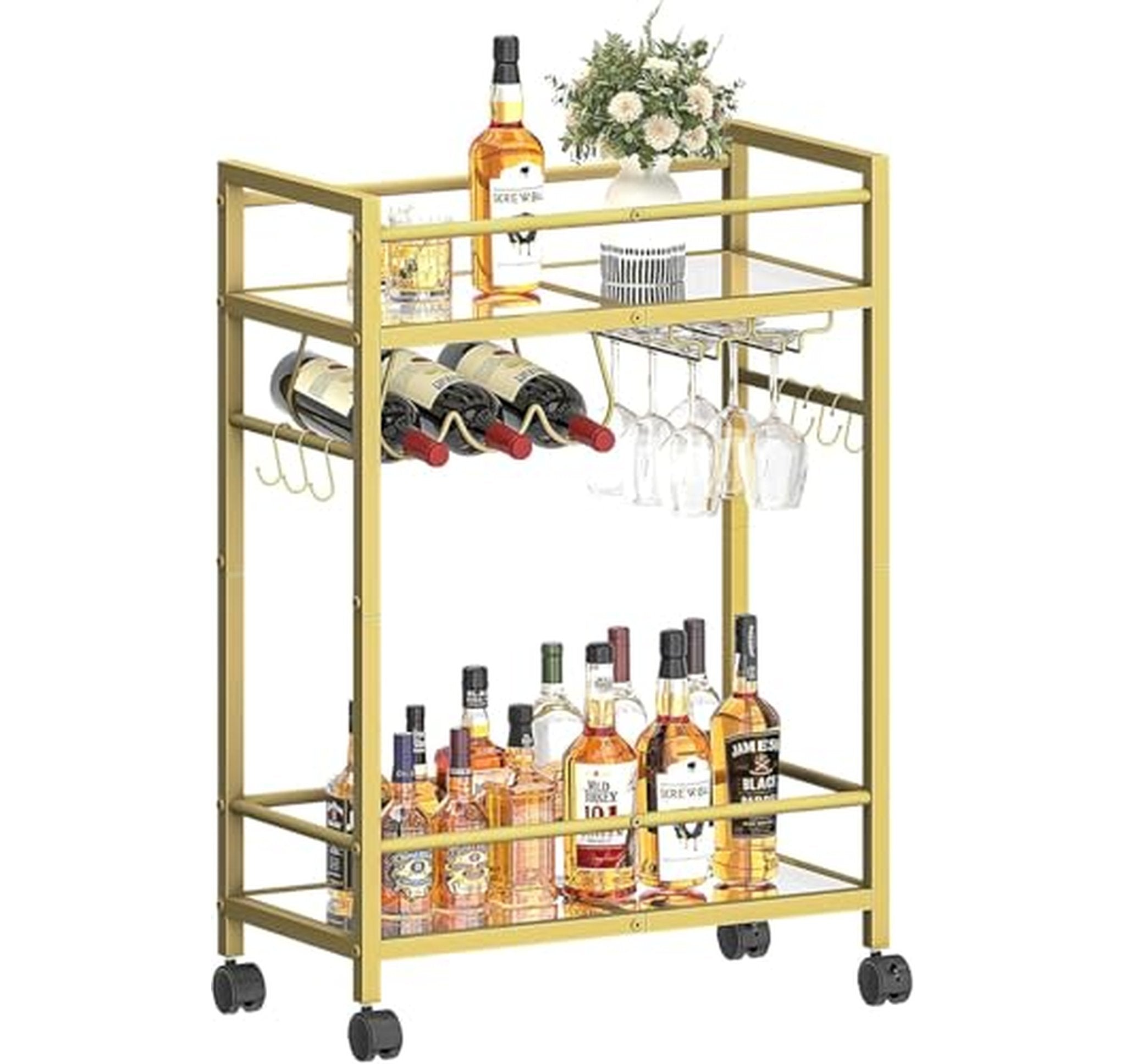 Mirrored Rolling Bar Cart with Wine Rack