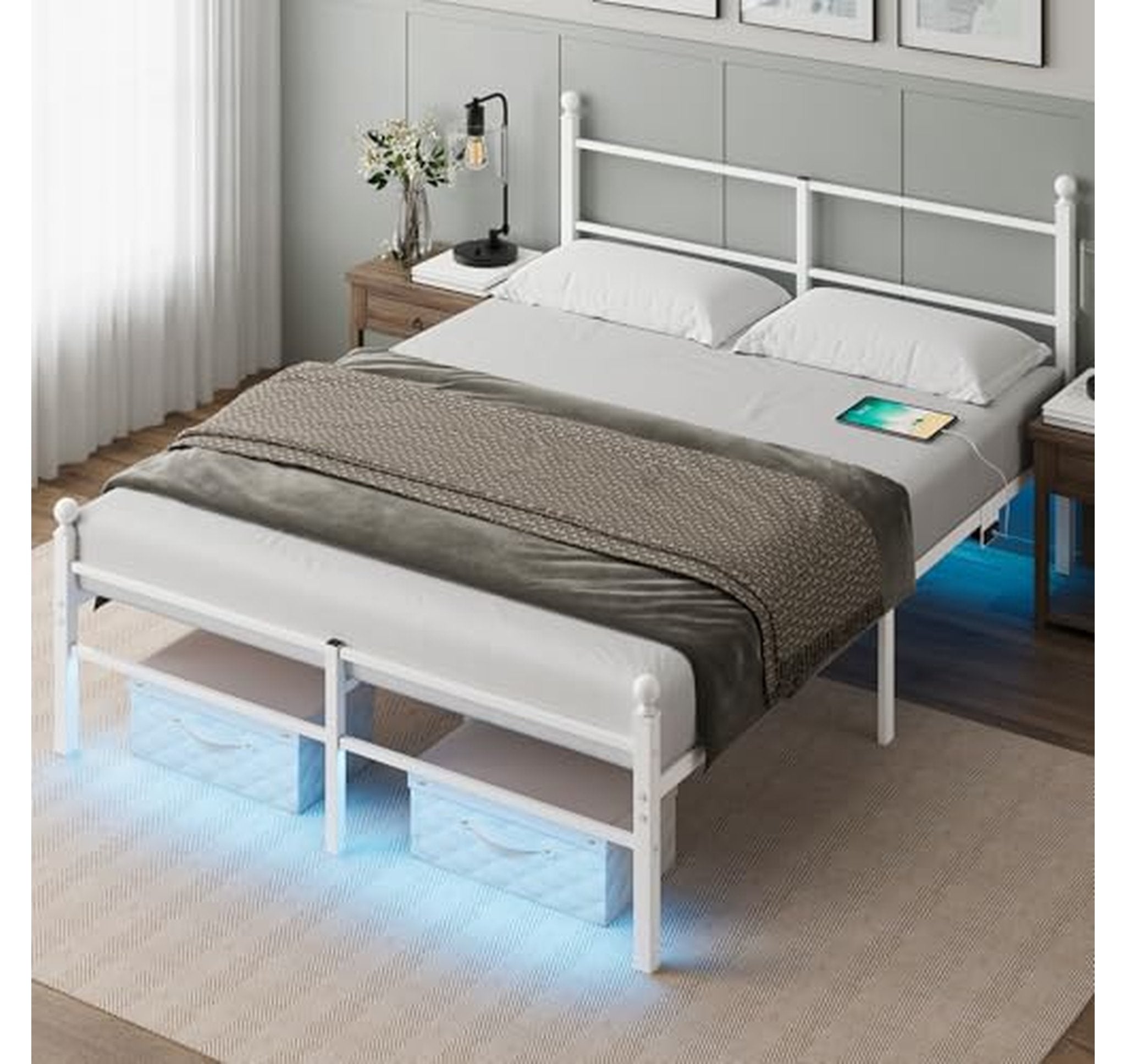 Queen LED Platform Bed Frame with Storage and Outlets