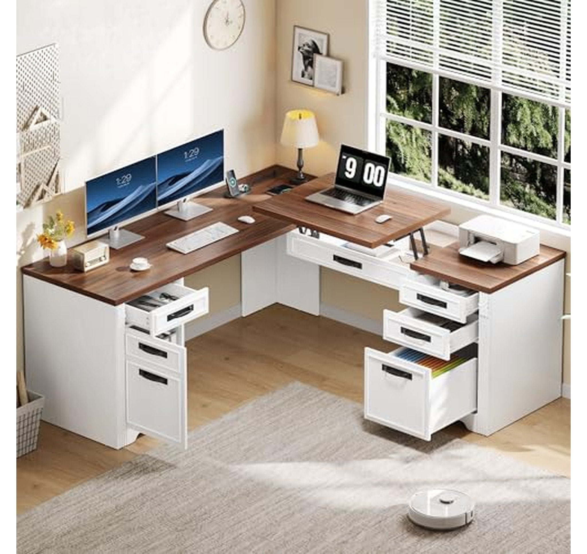 L Shaped Executive Desk with Lift Top and Drawers