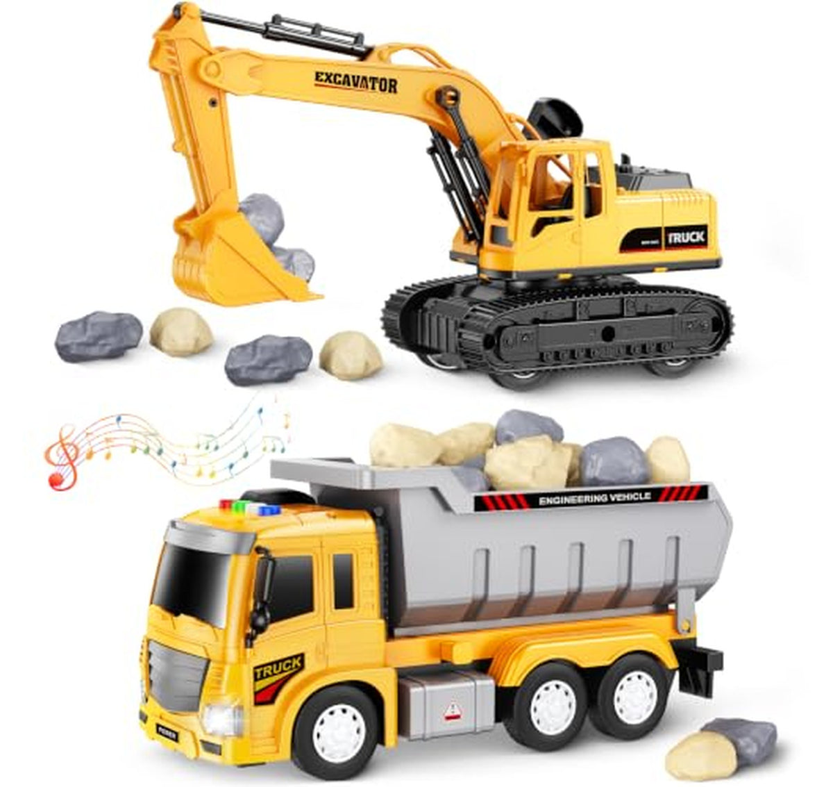 2 Pack Excavator and Dump Truck Toy Vehicles