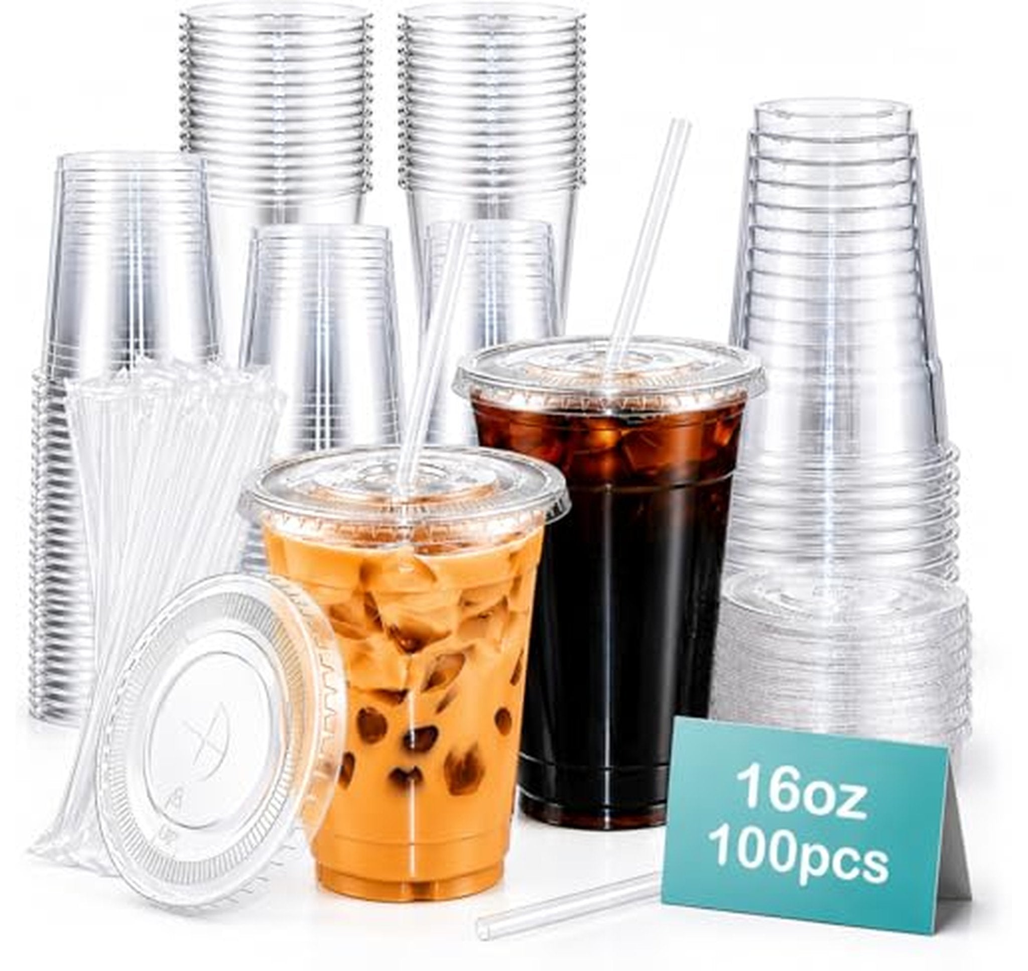 100 Pack 16oz Plastic Cups with Lids and Straws