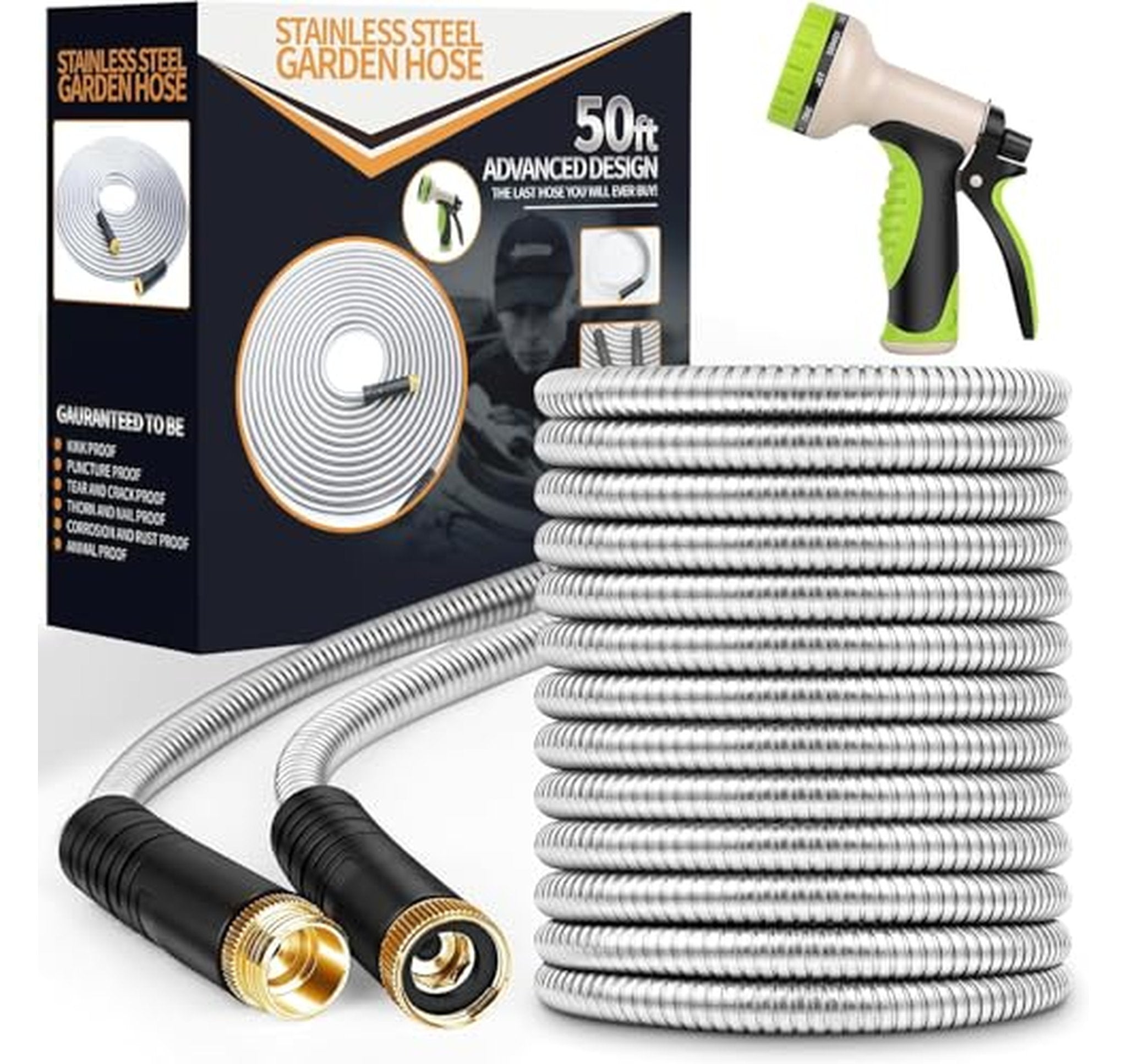 50FT Metal No-Kink Garden Hose with Nozzle