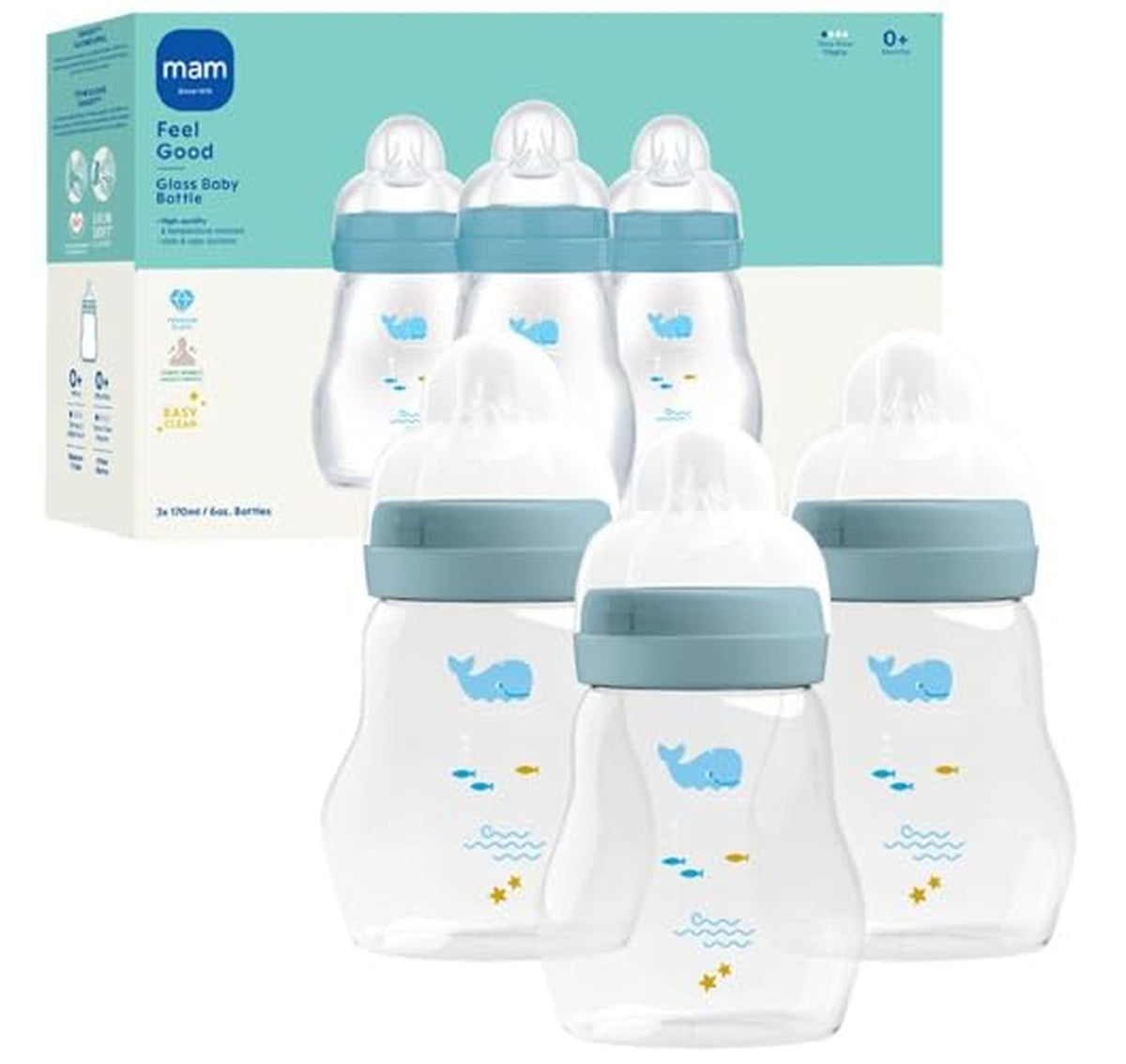 3 Pack MAM 6oz Glass Anti-Colic Baby Bottles