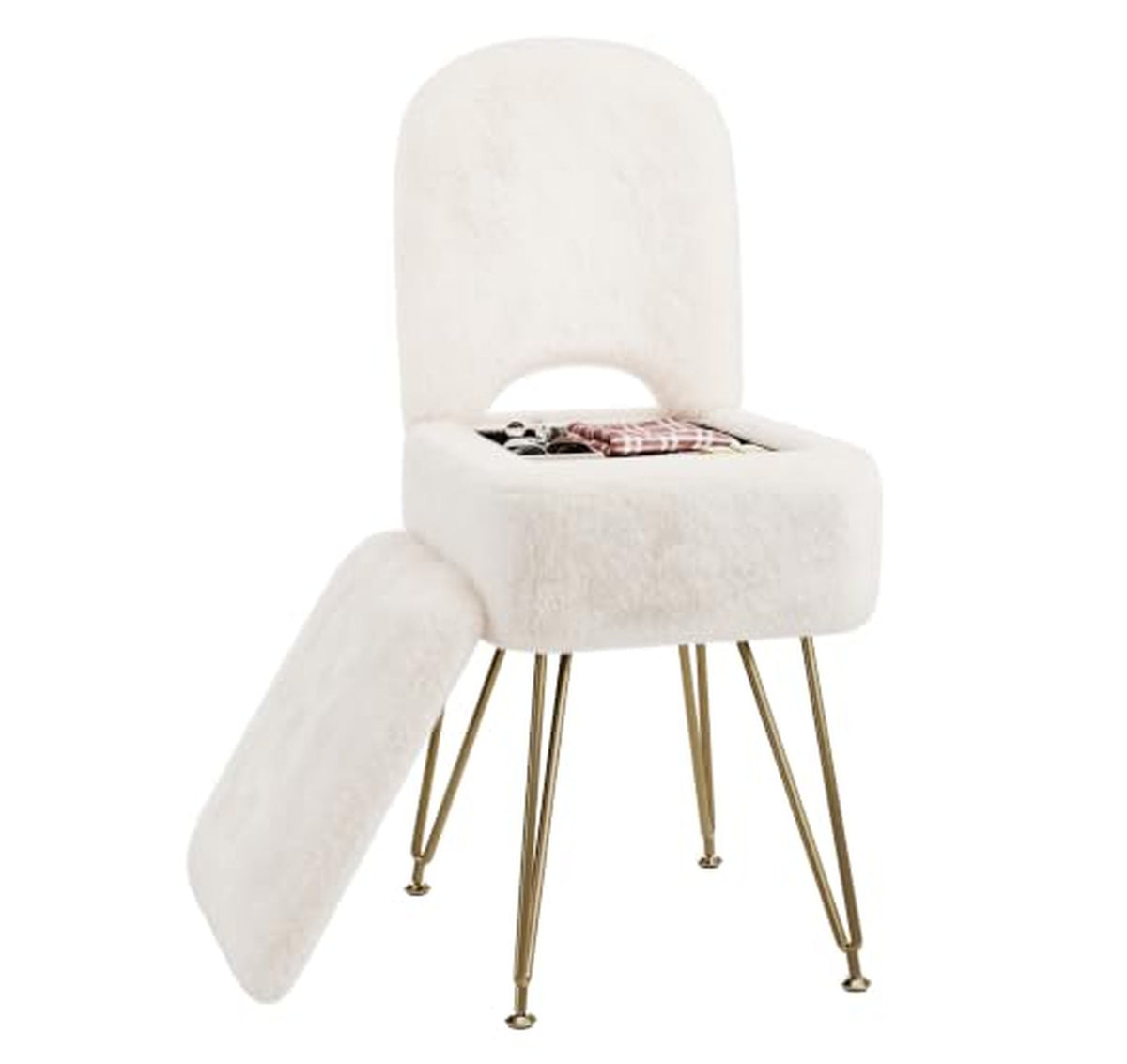 Faux Fur Vanity Chair with Storage and Foldable Backrest