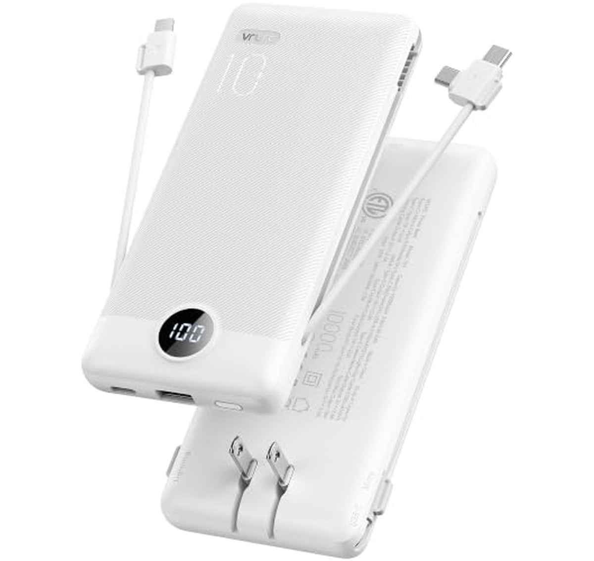 10000mAh Portable Charger with Built-In Cables and Plug