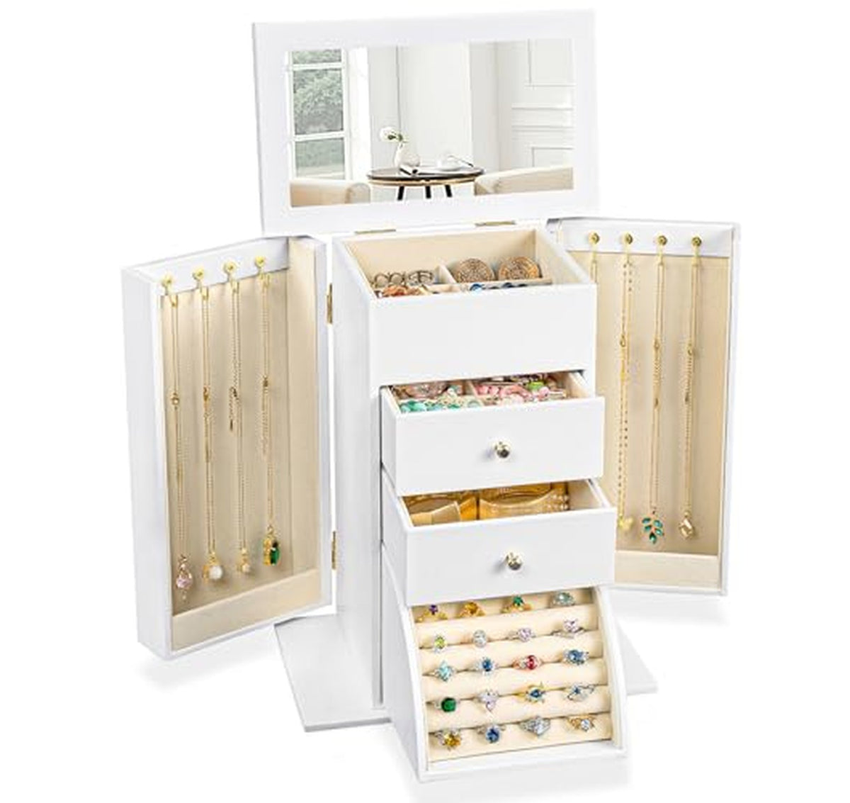 Large 4-Tier Leather Jewelry Box Organizer with Mirror