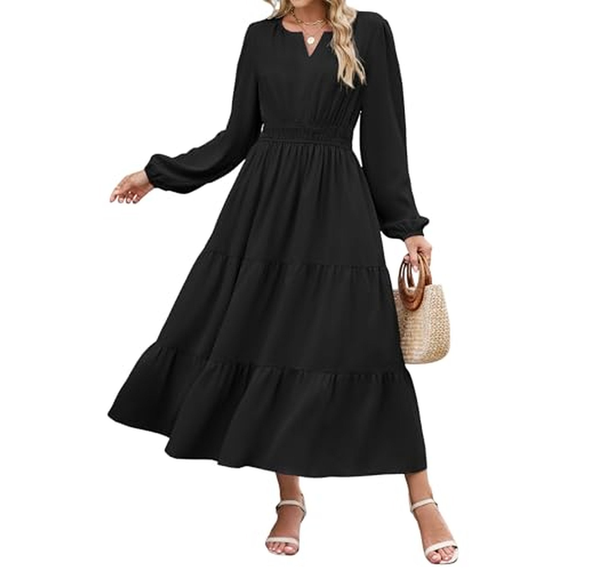 Long Sleeve V Neck Maxi Swing Dress (5 Colors)