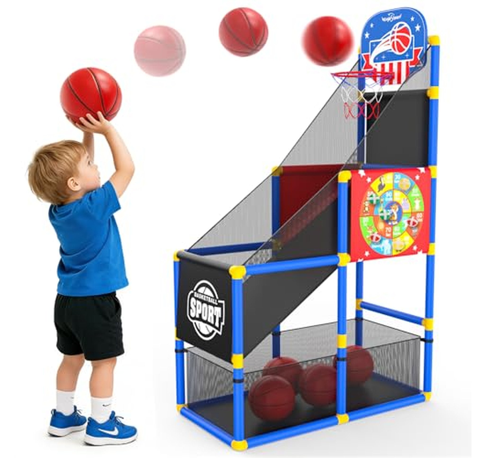 Adjustable Kids Arcade Basketball Hoop with Dartboard