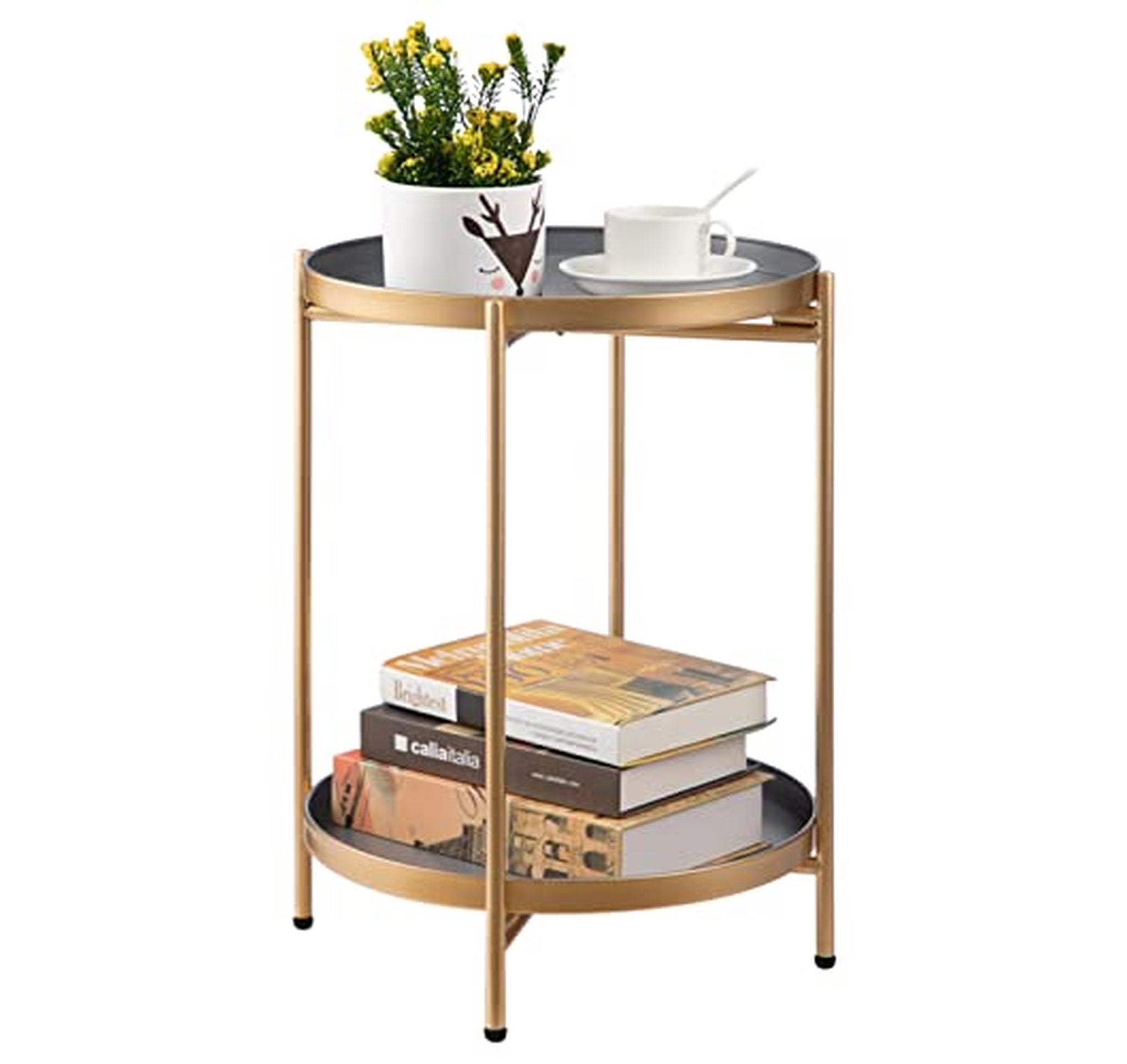 2-Tier Folding Metal Round Side Table