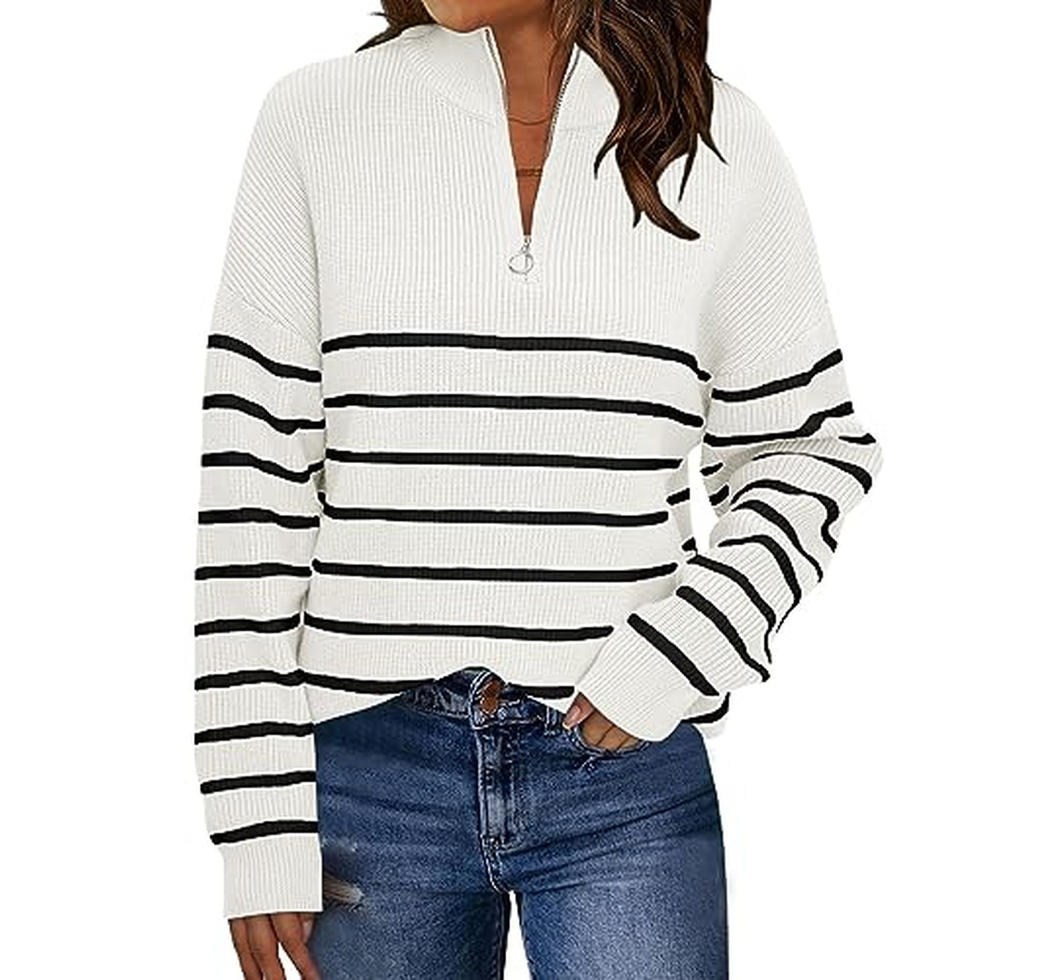 Striped Quarter Zip Oversized Knit Sweater
