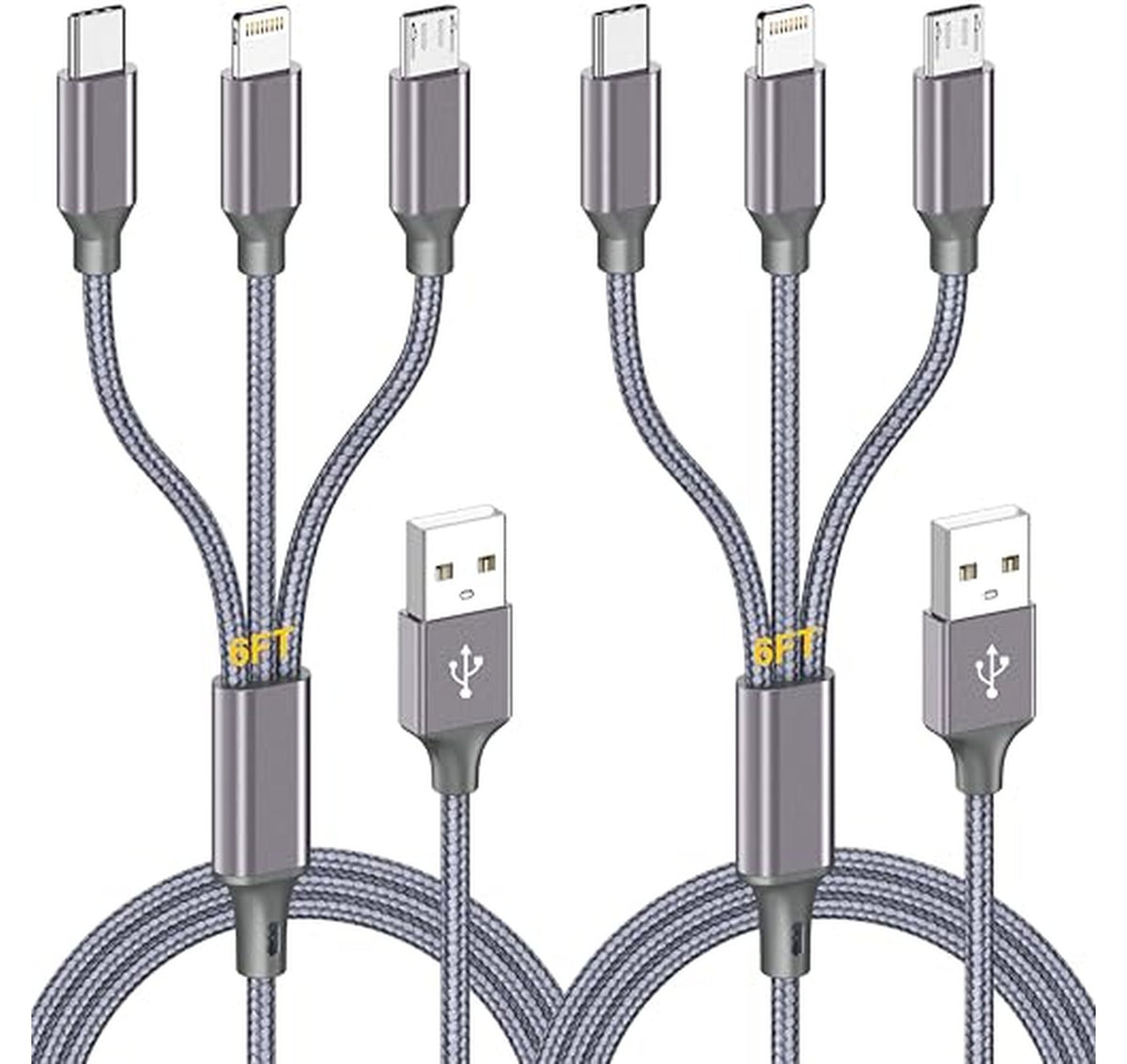 2 Pack 6ft 3-in-1 Multi USB Charging Cable