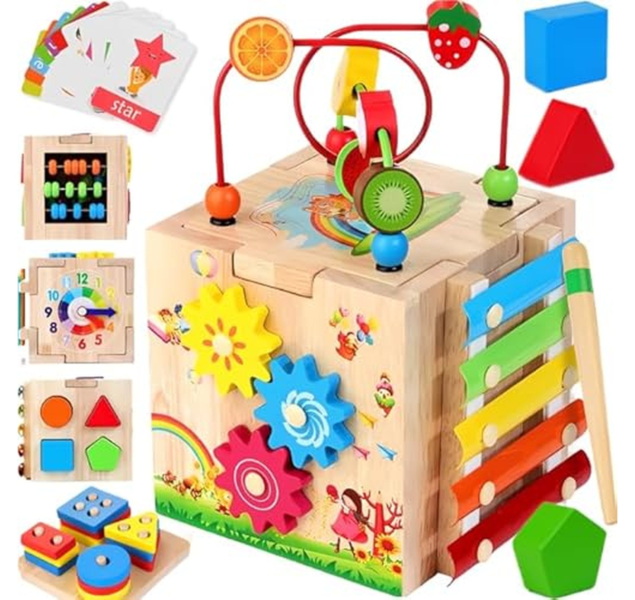 Montessori Wooden Activity Cube Educational Toddler Toy