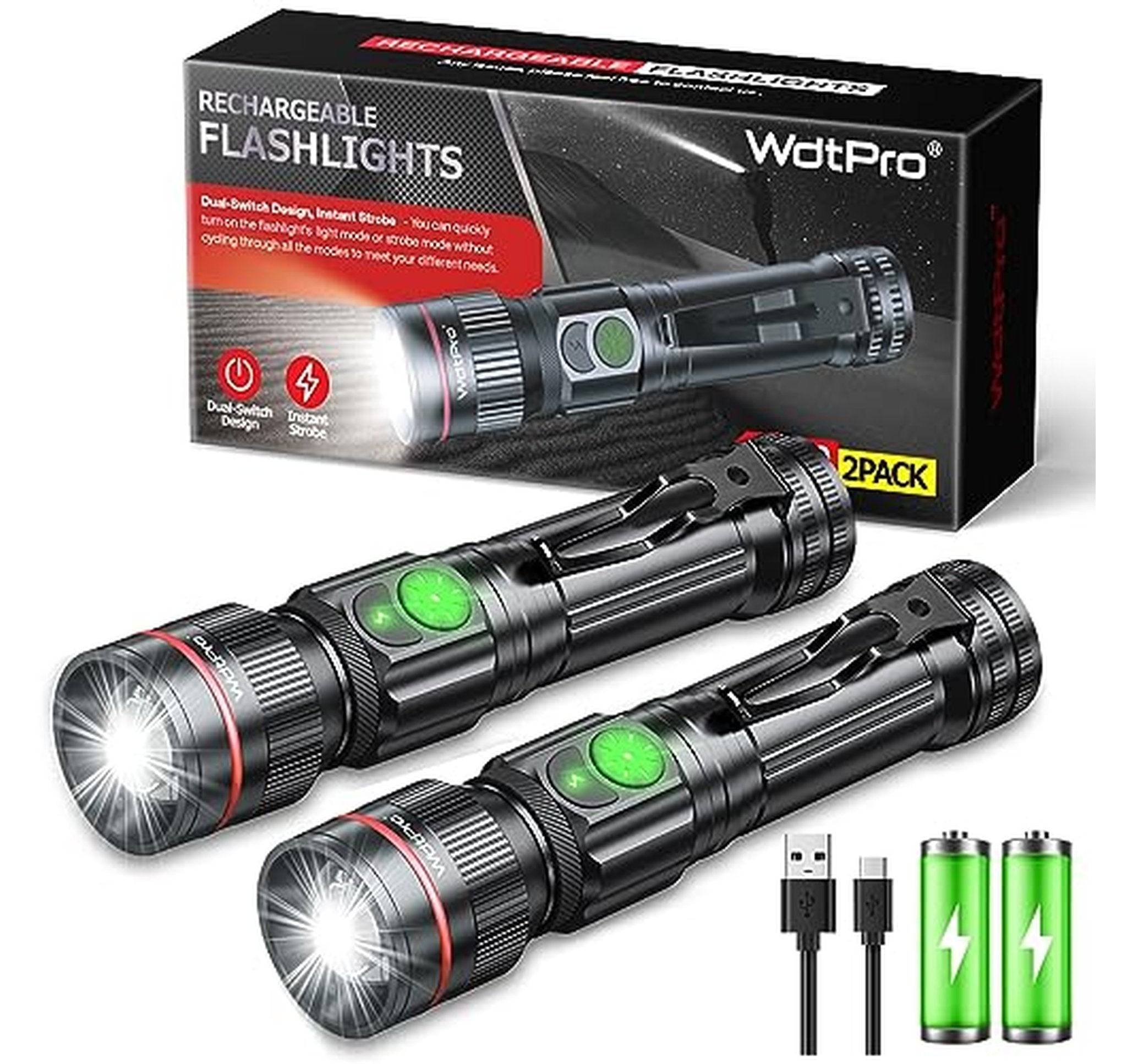 2 Pack Rechargeable Mini LED Flashlights with Clip