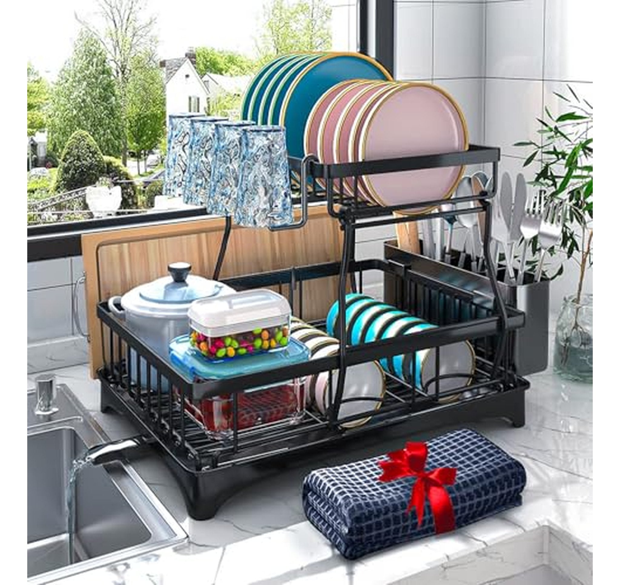 2-Tier Dish Drying Rack with Auto-Drain System